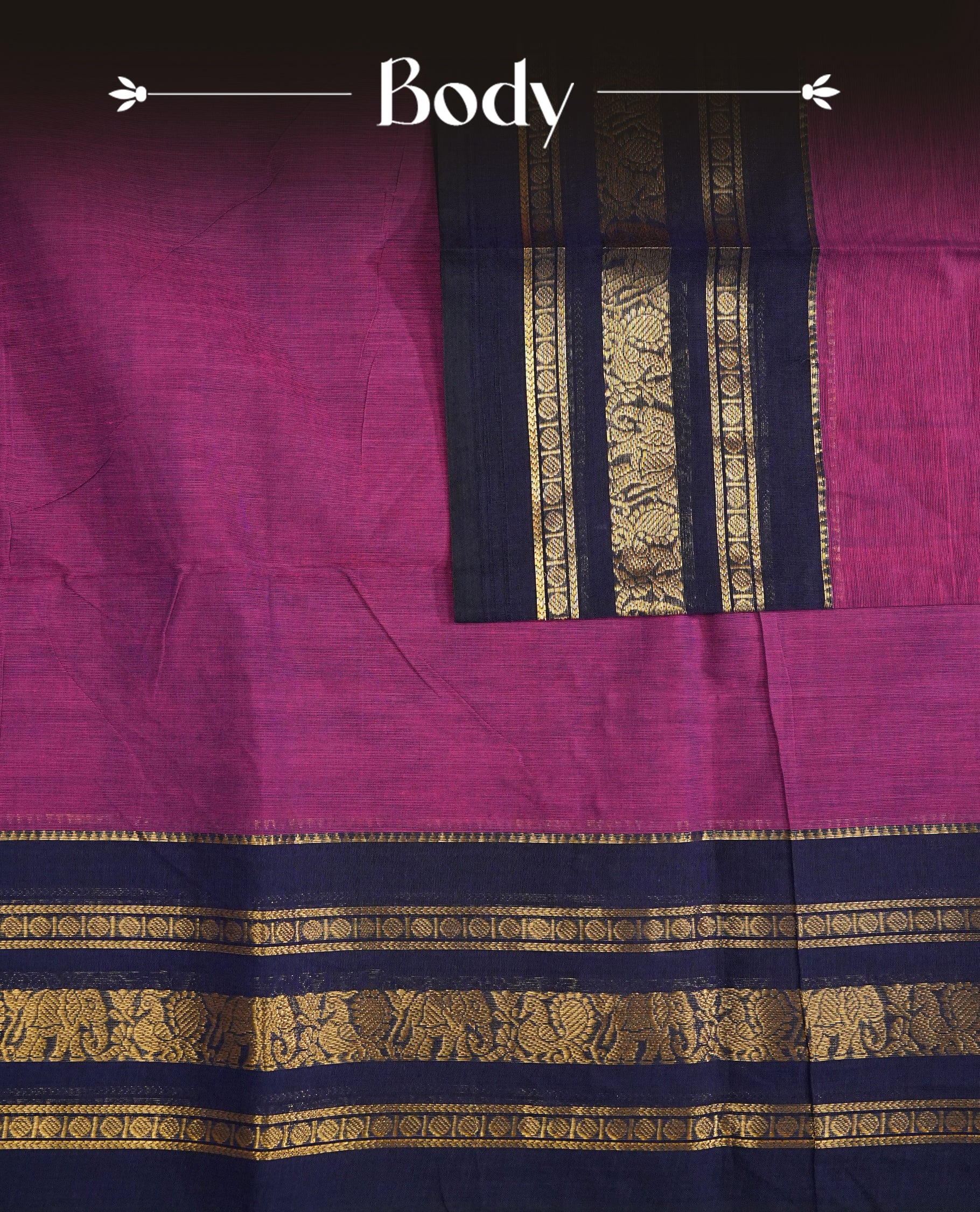 Pinkish Purple Colour Chettinad Cotton Saree Featuring a Plain Body, Complemented by a Navy Blue Colour with Gold Zari Border & Contrast Colour Striped Pallu, Paired with a Matching Blouse Piece.