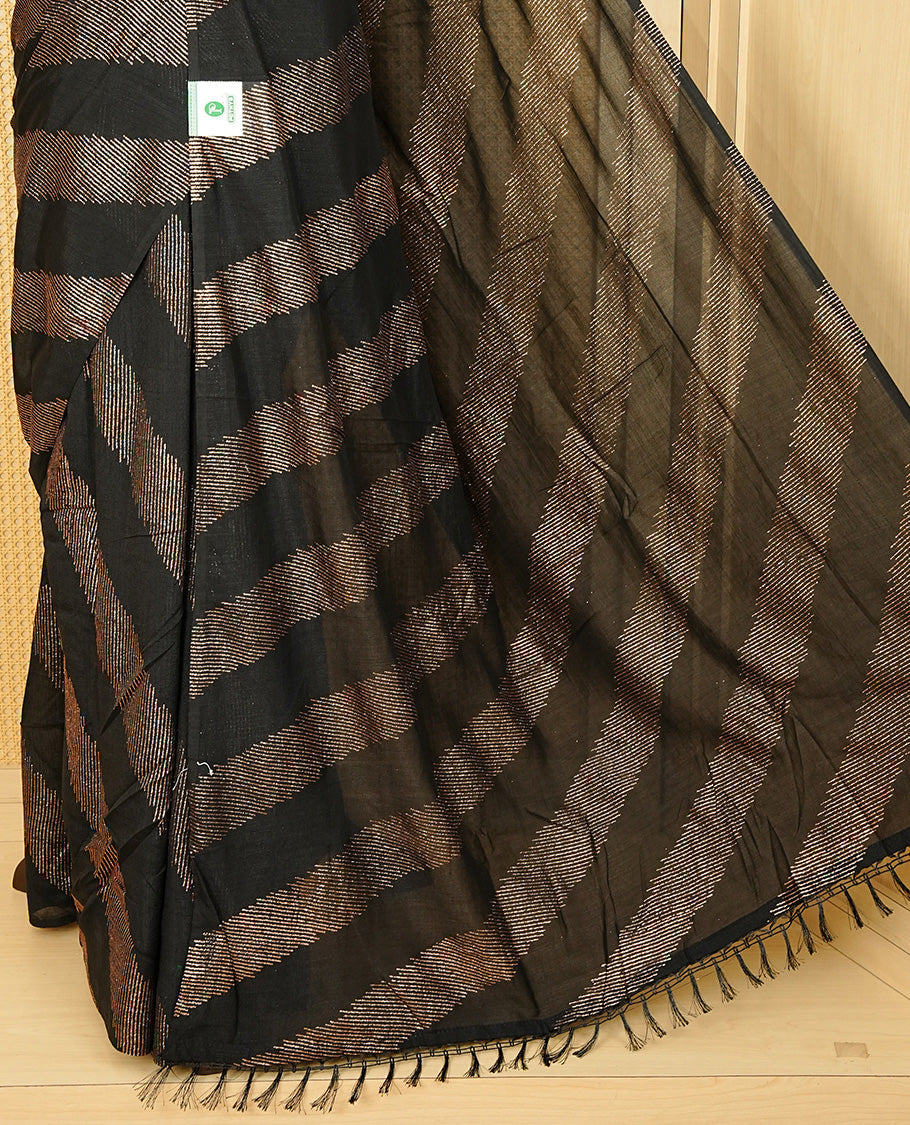 Black colour Vijitra silk Saree Featuring Leheriya style gold Printed body, complemented by contrast pallu & tassels