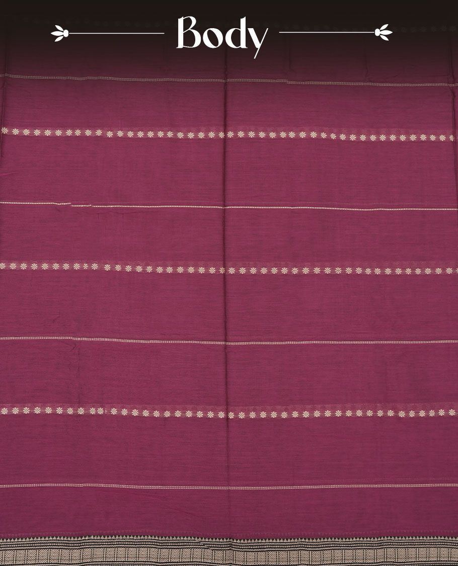 Magenta purple colour Narayanapattu cotton saree featuring a Cream colour stripped body, contrast black colour with cream zari border and pallu, pairing a matching blouse piece.