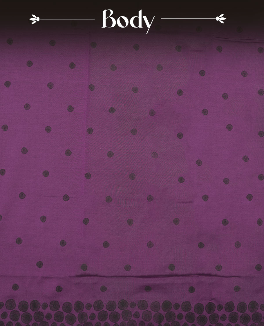 Grape Purple colour poly cotton saree with black abstract butti motifs on the body, paired with a matching pallu with dense black textured round butta pattern, and a coordinated all‑over textured round butta printed blouse piece.