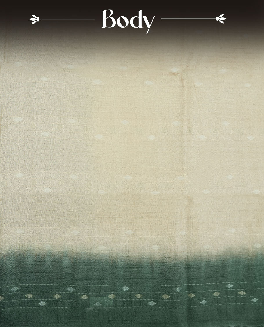Cream & Green dye pattern colour semi jute saree highlighting white stripped body, without border and paired with matching blouse.