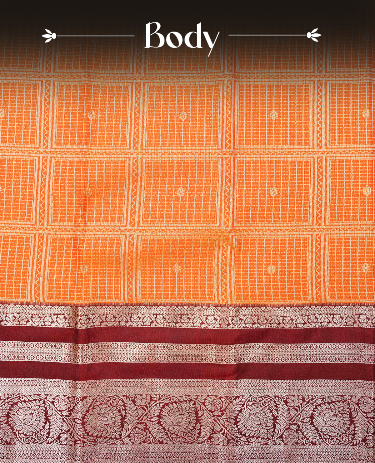 Rust orange colour semi wedding saree featuring gold zari box with check pattern with motifs across the body, complemented by contrast brown colour traditional border. Comes with a matching blouse piece.