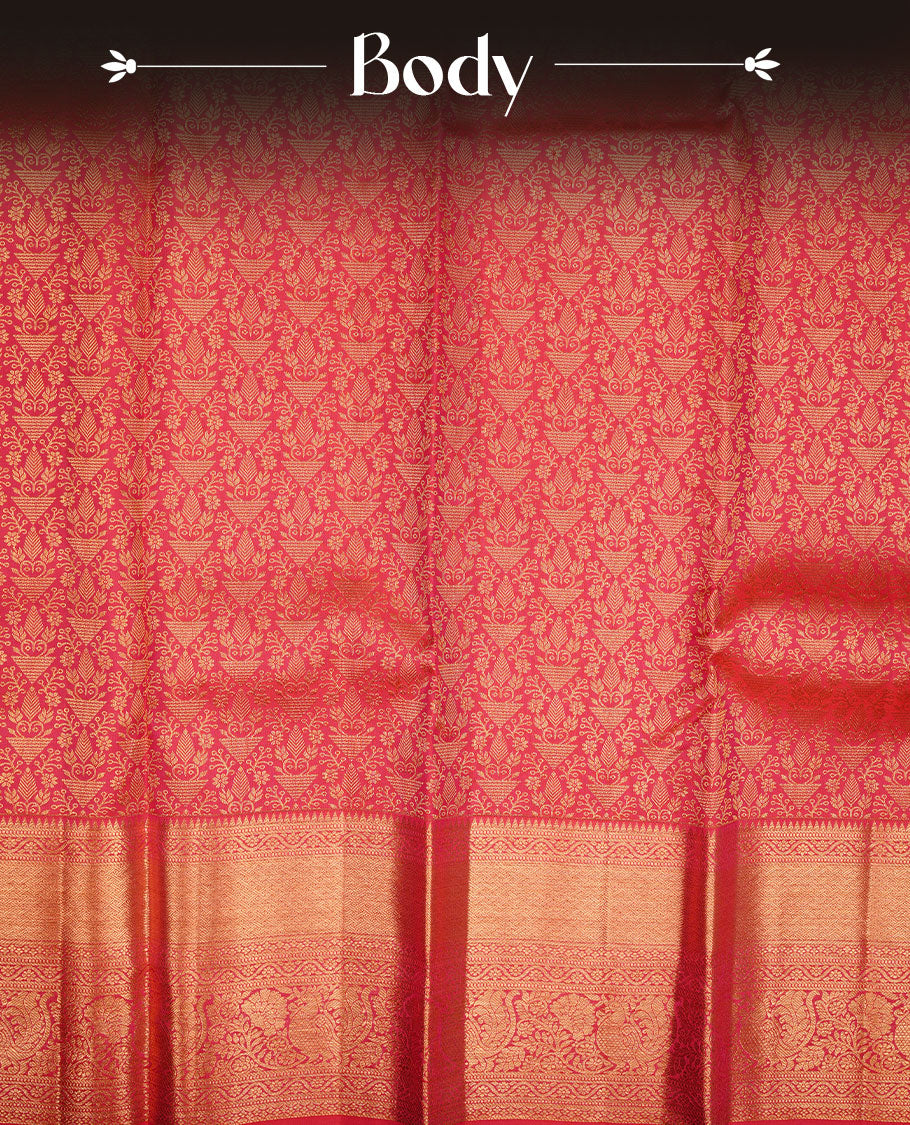 Red colour kancheepuram silk saree featuring gold zari pattern across body, complemented by selfcolour border traditional zari border, paired with matching blouse piece.