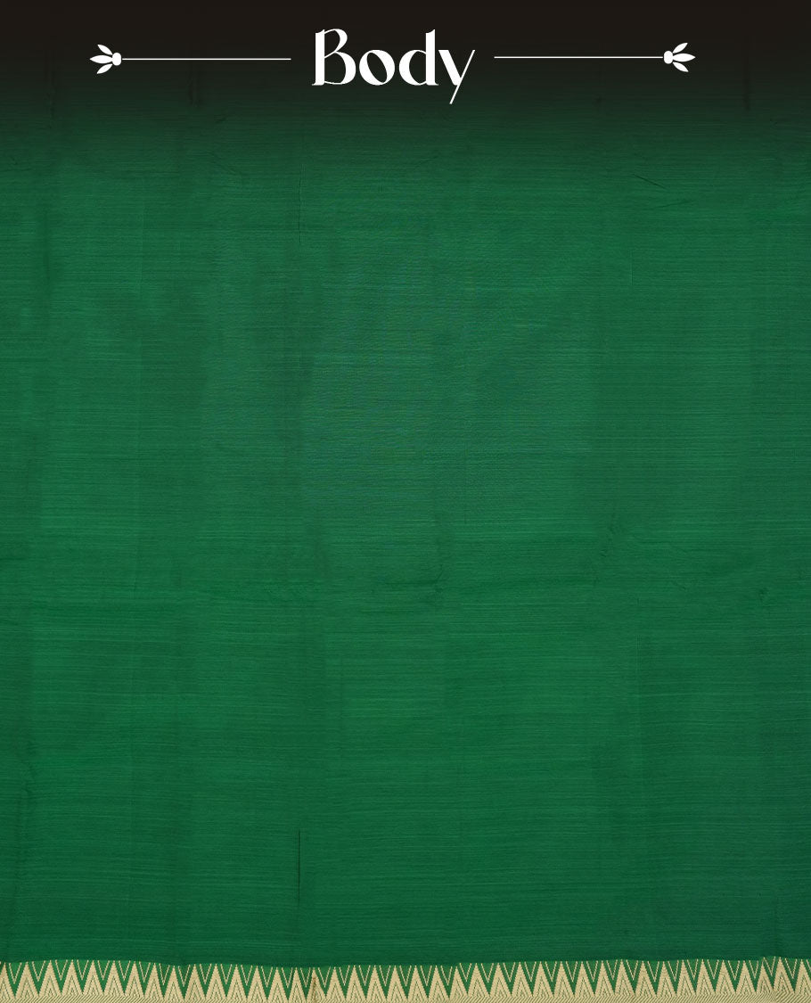 Dark green colour Narayanapattu cotton saree featuring a self coloured body, contrast Cream colour zari border and pallu, pairing a matching blouse piece.