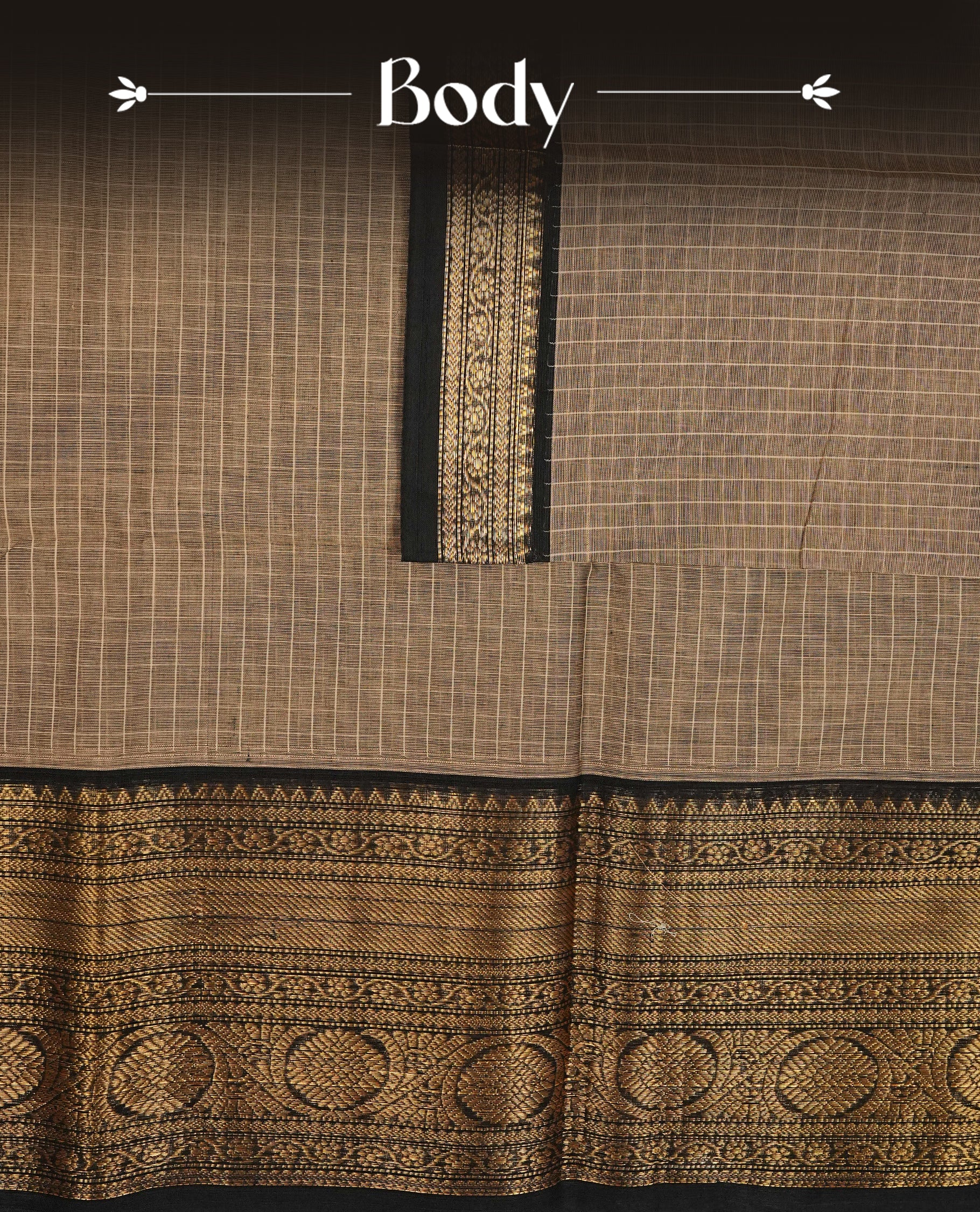 Beige colour chettinad cotton saree featuring Strip pattern on body, gold zari on Contrast Black colour border, comes with matching blouse piece.