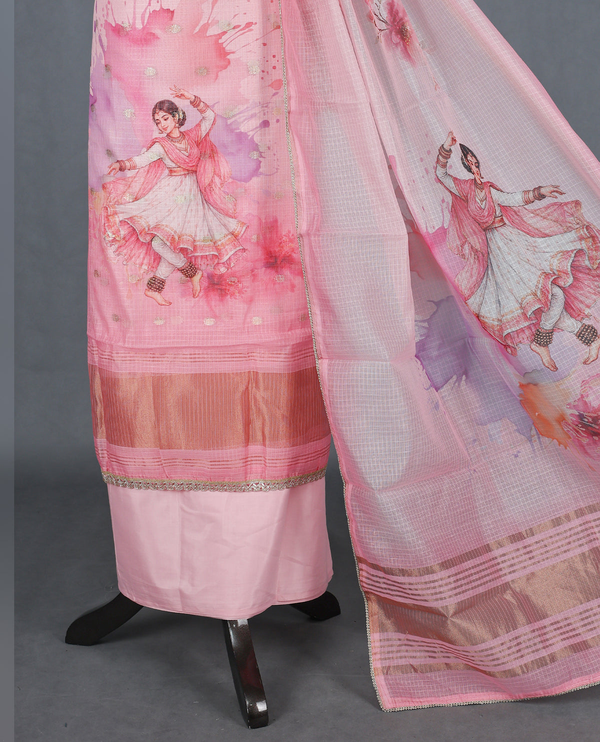 Pink Colour Kotta Net Salwar Material Featuring Elegant Printed Dancer Motif with Delicate Golden Butti Detailing on the Kurta, paired with a matching bottom & beautifully printed Dupatta.