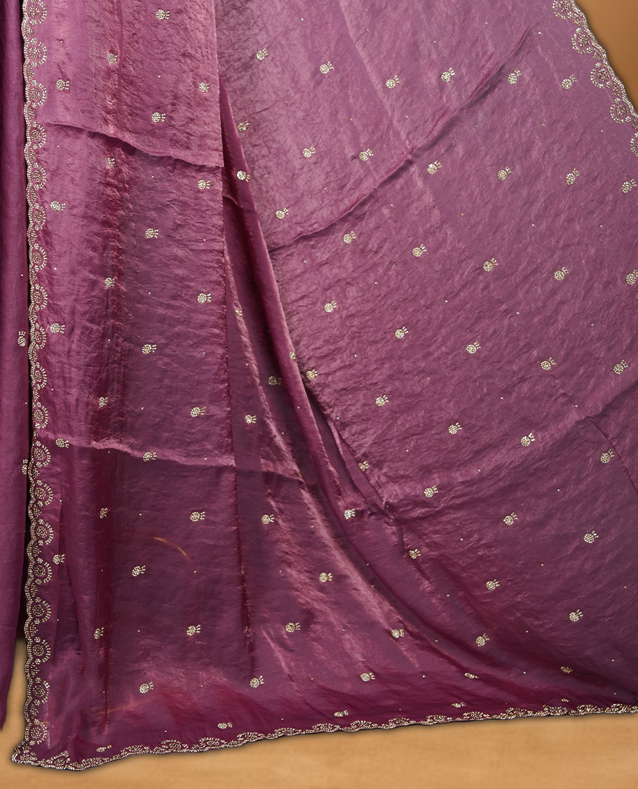 Onion Colour velvet Chiffon Designer Saree featuring Delicate White Stone motifs on Body, with Stone Detailing on the Border and Pallu, paired with a Matching Blouse.
