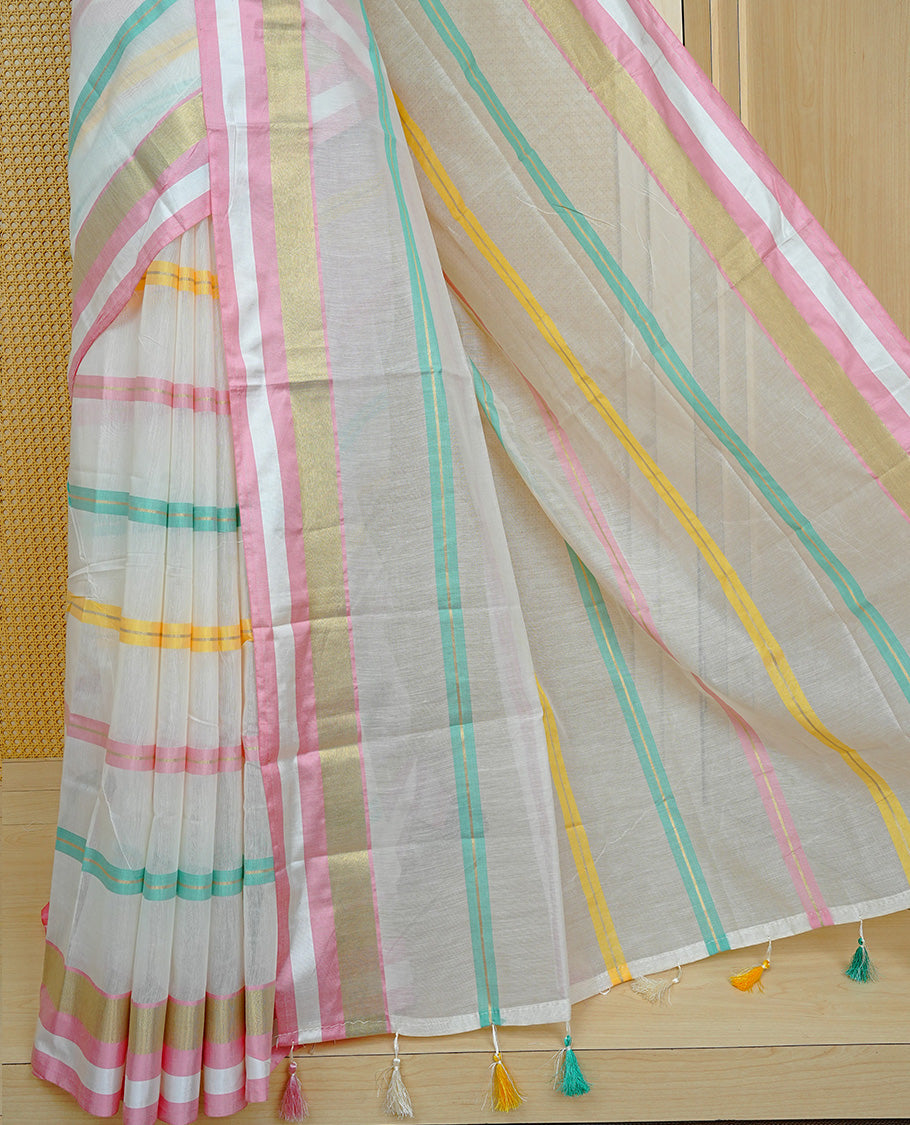 Cream colour Cotton kerala Saree featuring Pink, Gold zari and green colour striped body, Elegant borderless, comes with matching blouse piece.