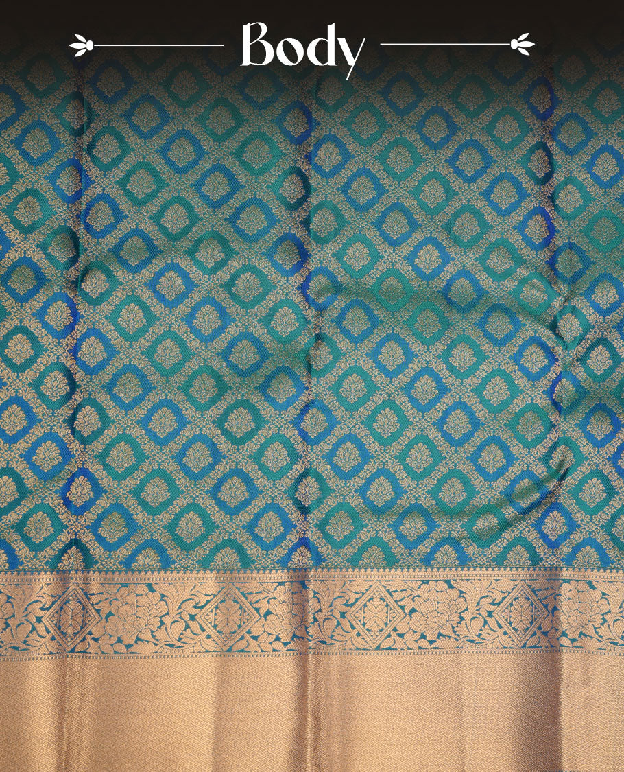 Peacock blue colour Kancheepuram silk saree featuring zari meena jacquard on body with traditional border, paired with matching blouse piece.