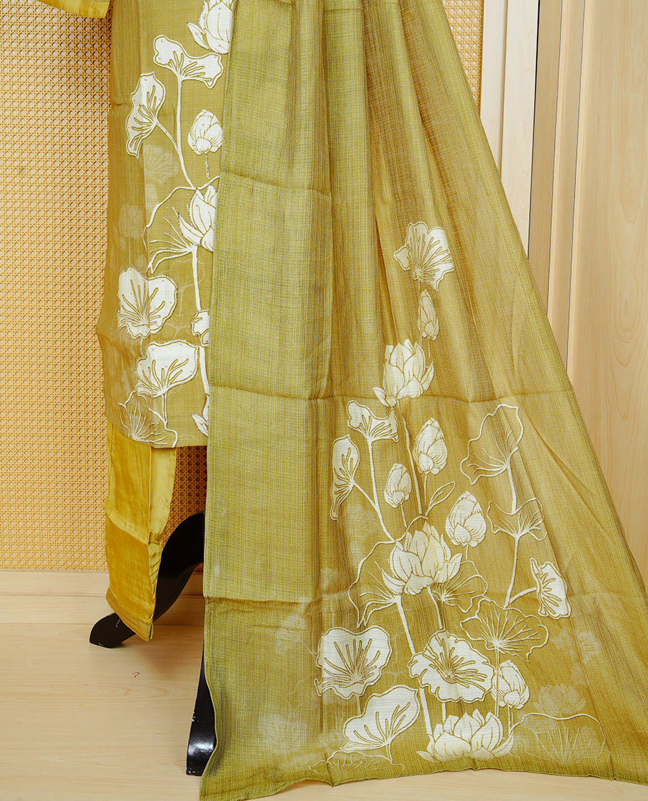Olive green colour churidar set with a Stone & Bead Work on the V-neckline, floral printed sleeves , paired with a matching floral printed woven dupatta and solid pants.