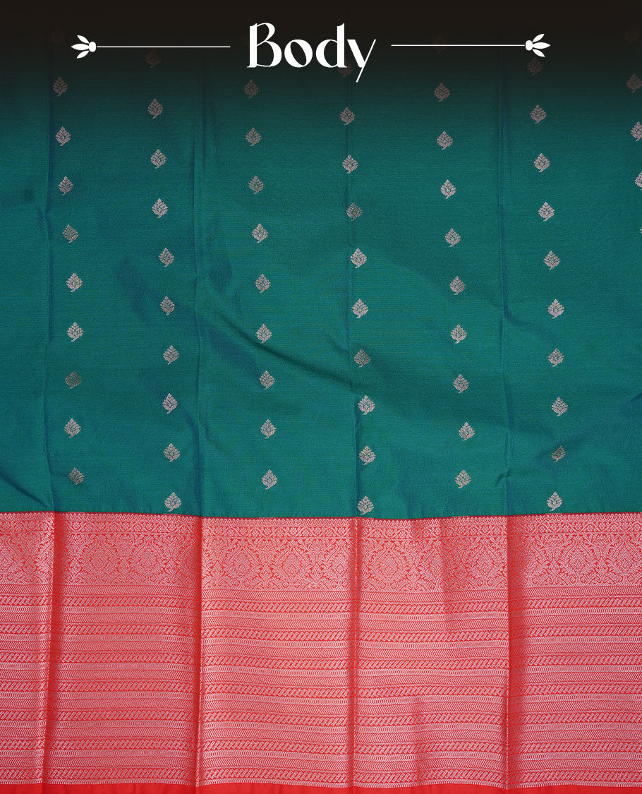 Peacock colour soft silk saree featuring Gold zari motifs on body, complemented by contrast red colour with traditional border, paired with matching blouse piece.