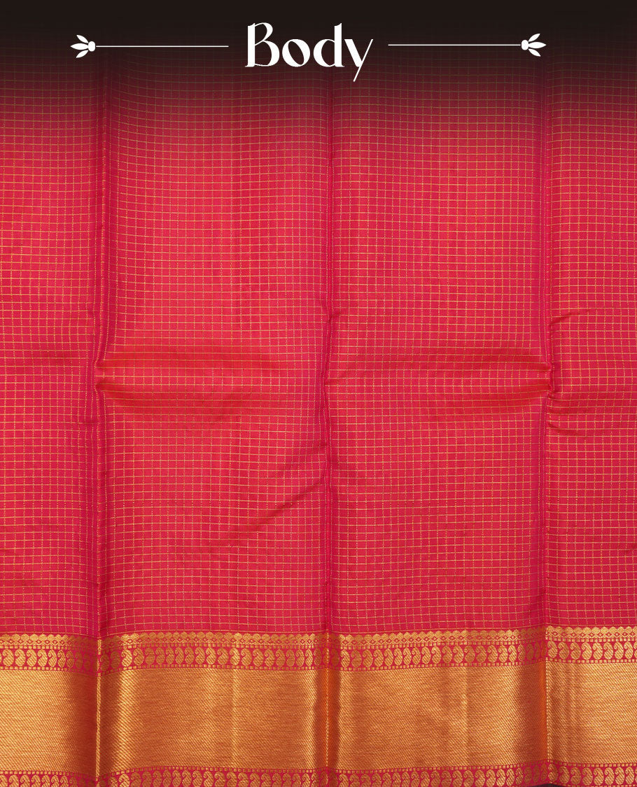 Rani Pink colour pure traditional Kancheepuram silk saree adorned with gold zari Checks across the body, featuring elegant traditional borders, beautifully paired with a matching blouse piece.
