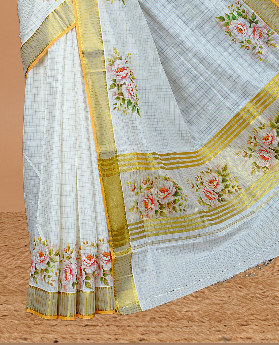 Cream color kerala saree featuring Gold zari Checks on body, enrich Gold zari with floral printed border & pallu, paired with matching blouse piece.