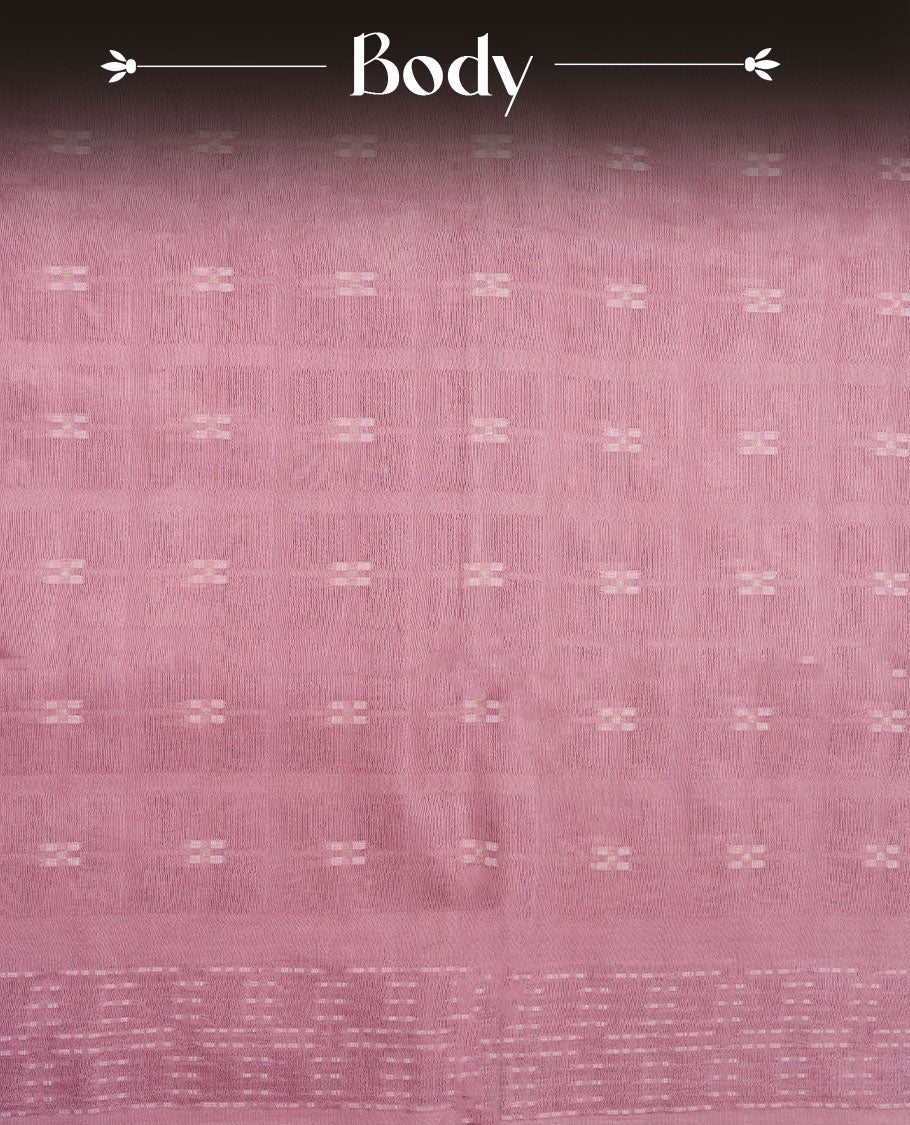 Baby pink colour semi jute saree highlighting white thread motifs on body, without border and paired with matching blouse.