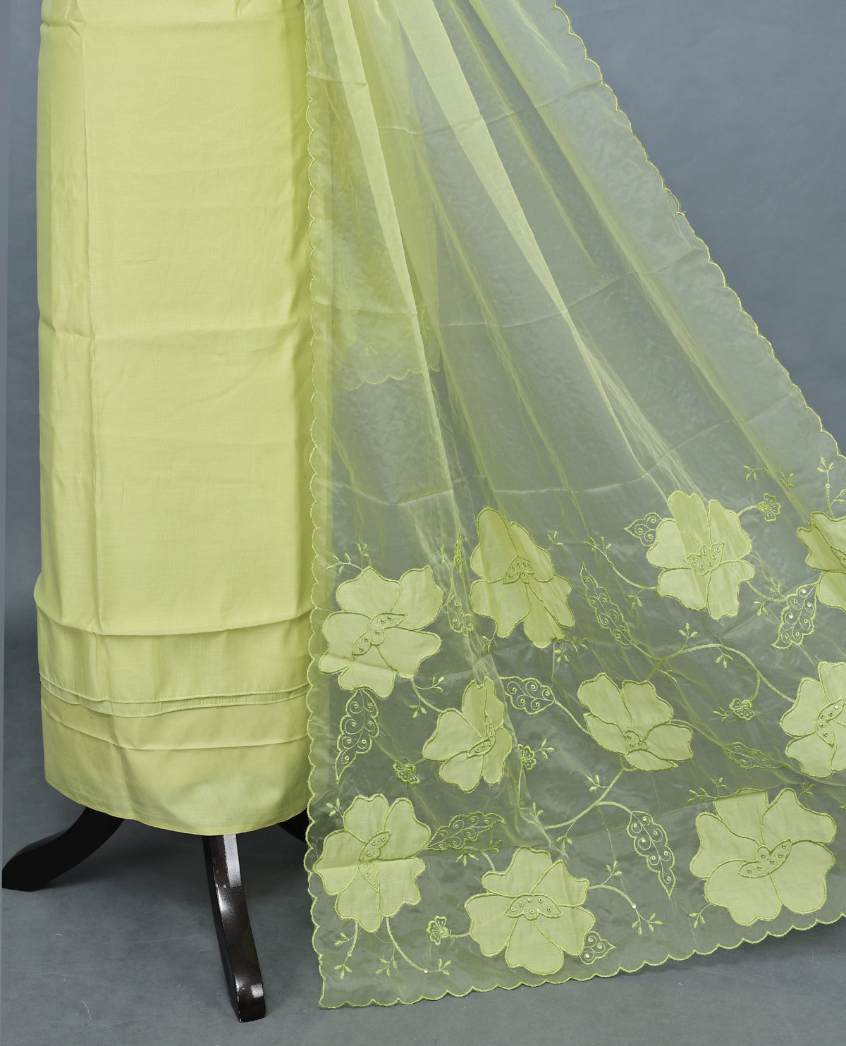 Lemon Yellow Colour Mul Chanderi Salwar Material paired with a matching bottom and a graceful floral embroidered organza dupatta.