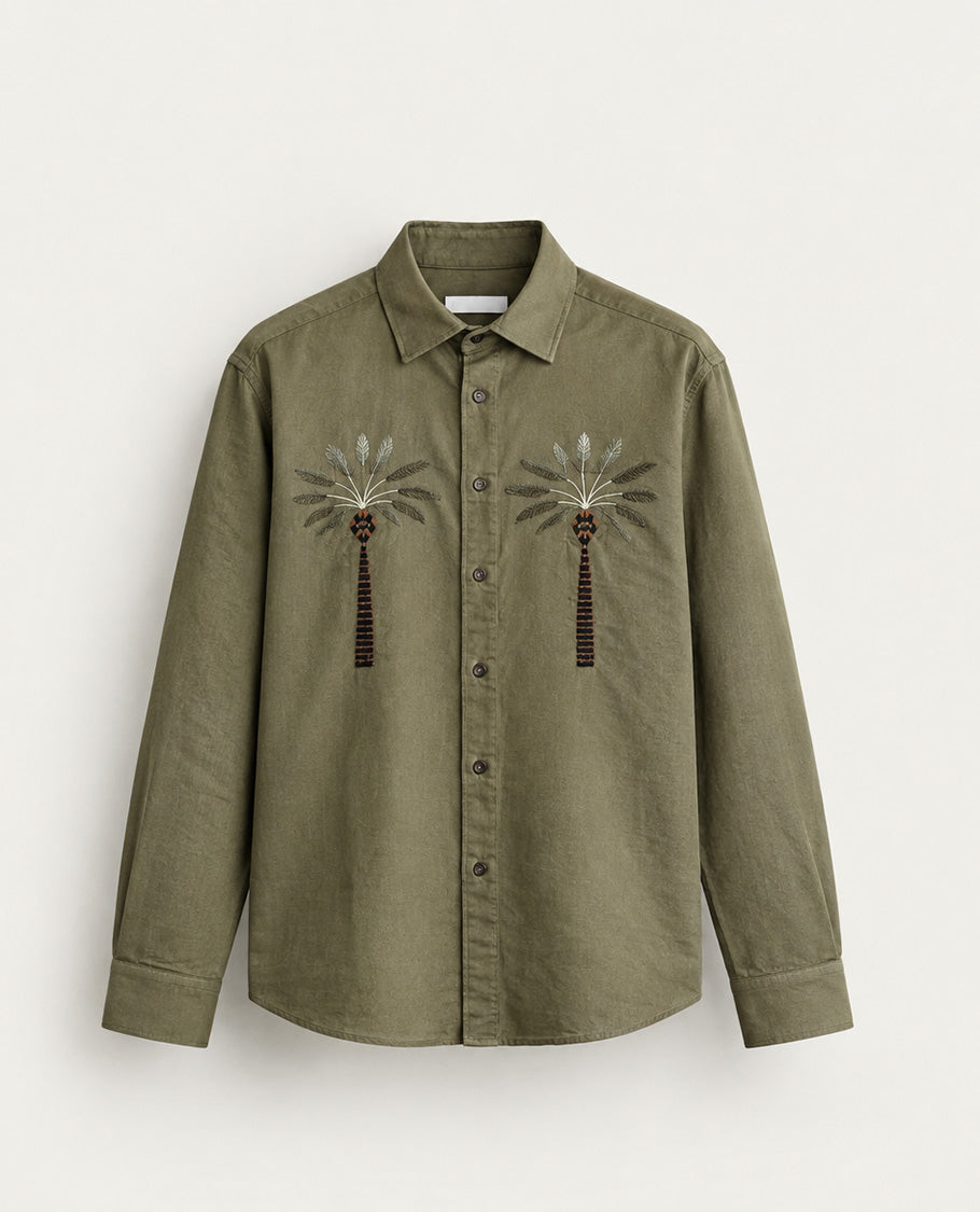 Olive colour shirt Tree pattern body, Full sleeve.