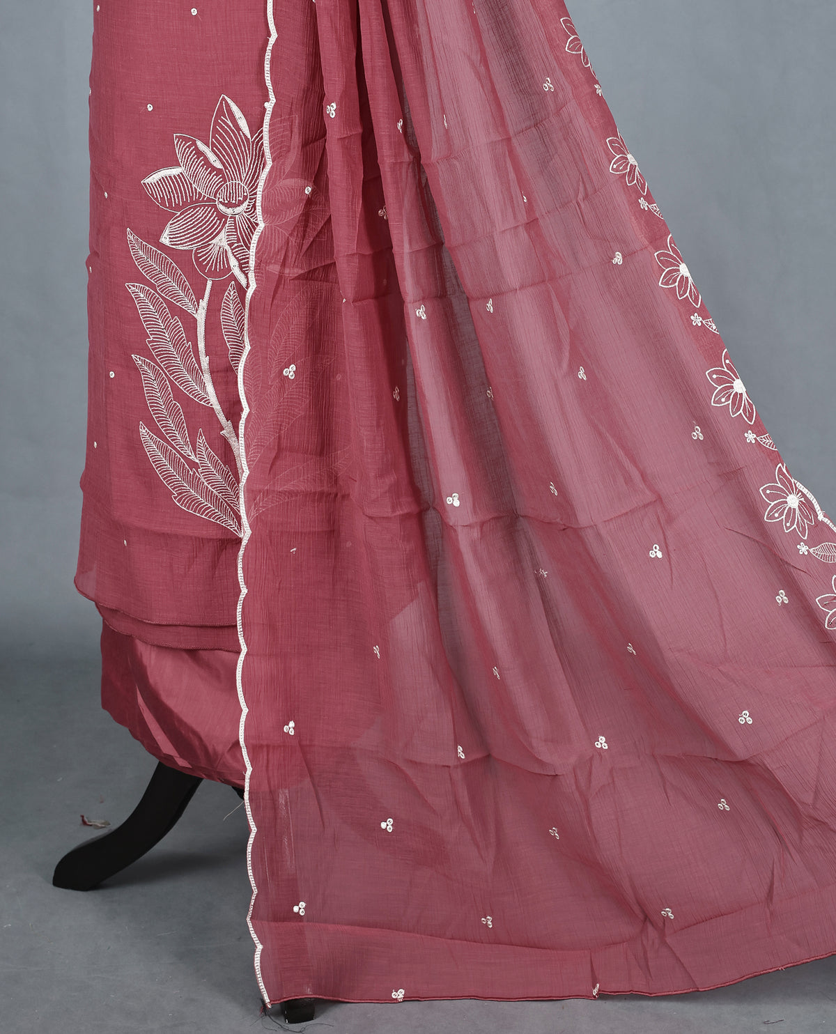 Rose mauve Colour Mul Chanderi Salwar Material Featuring Elegant White Floral Thread Embroidery on the Kurta, paired with a matching bottom & graceful embroidered Dupatta.