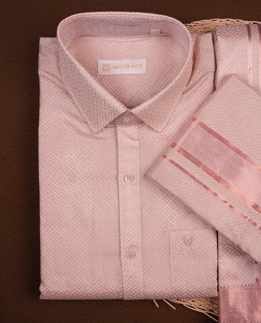 Light copper colour MINISTER WHITE shirt paired with a matching dhoti, finishing with a copper border