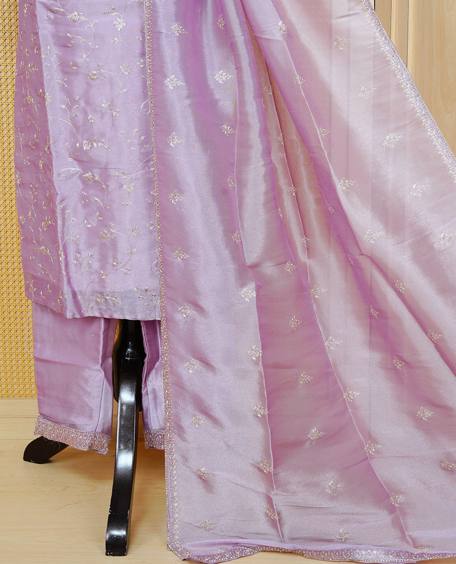Lavender colour churidar set with delicate thread and sequin floral embroidery, an embellished V-neckline, paired with a matching embroidered dupatta and solid pants.