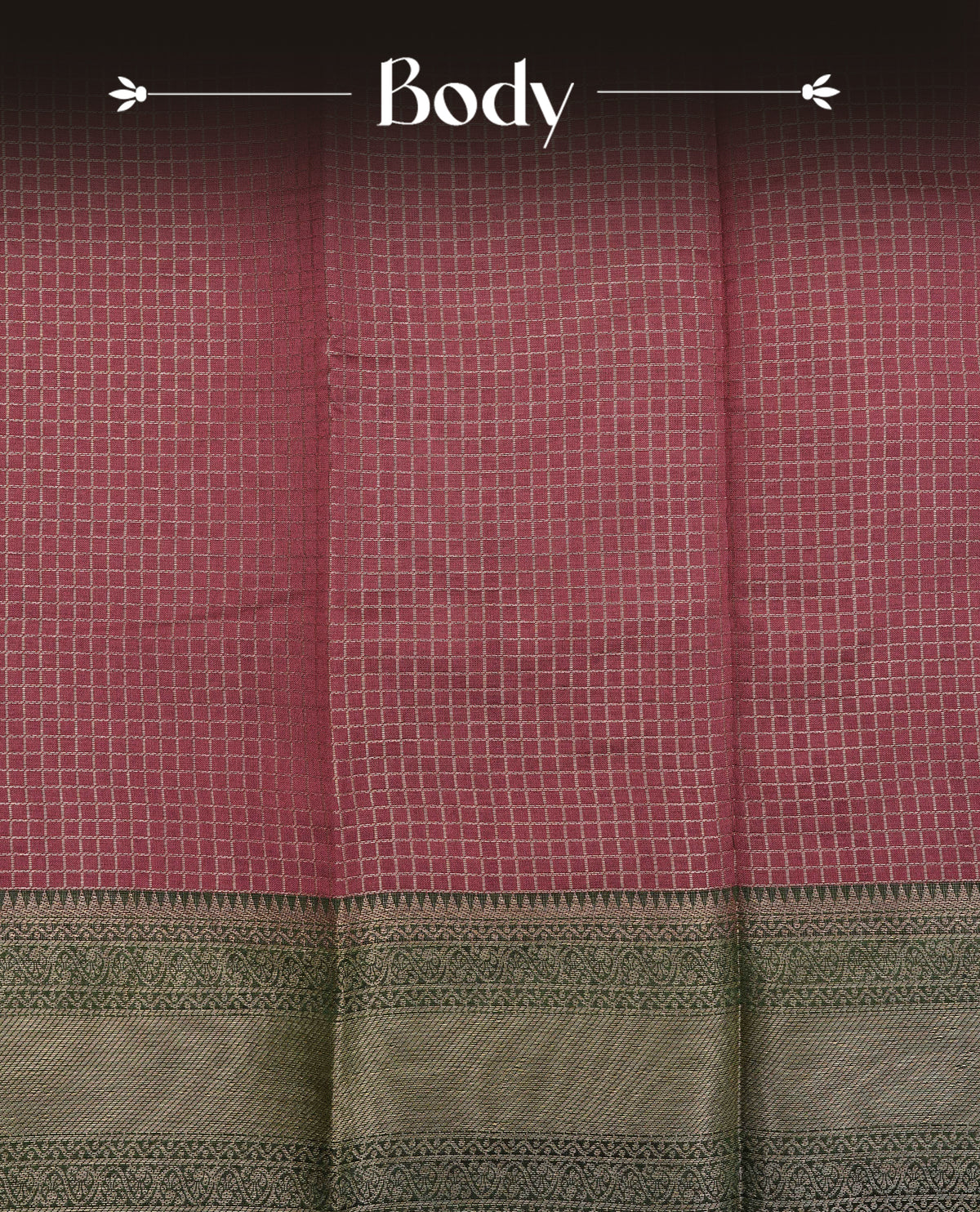 Wine colour semi silk saree featuring gold zari check patterns on body, contrast green colour with traditional border on body, grand pallu comes with matching blouse piece
