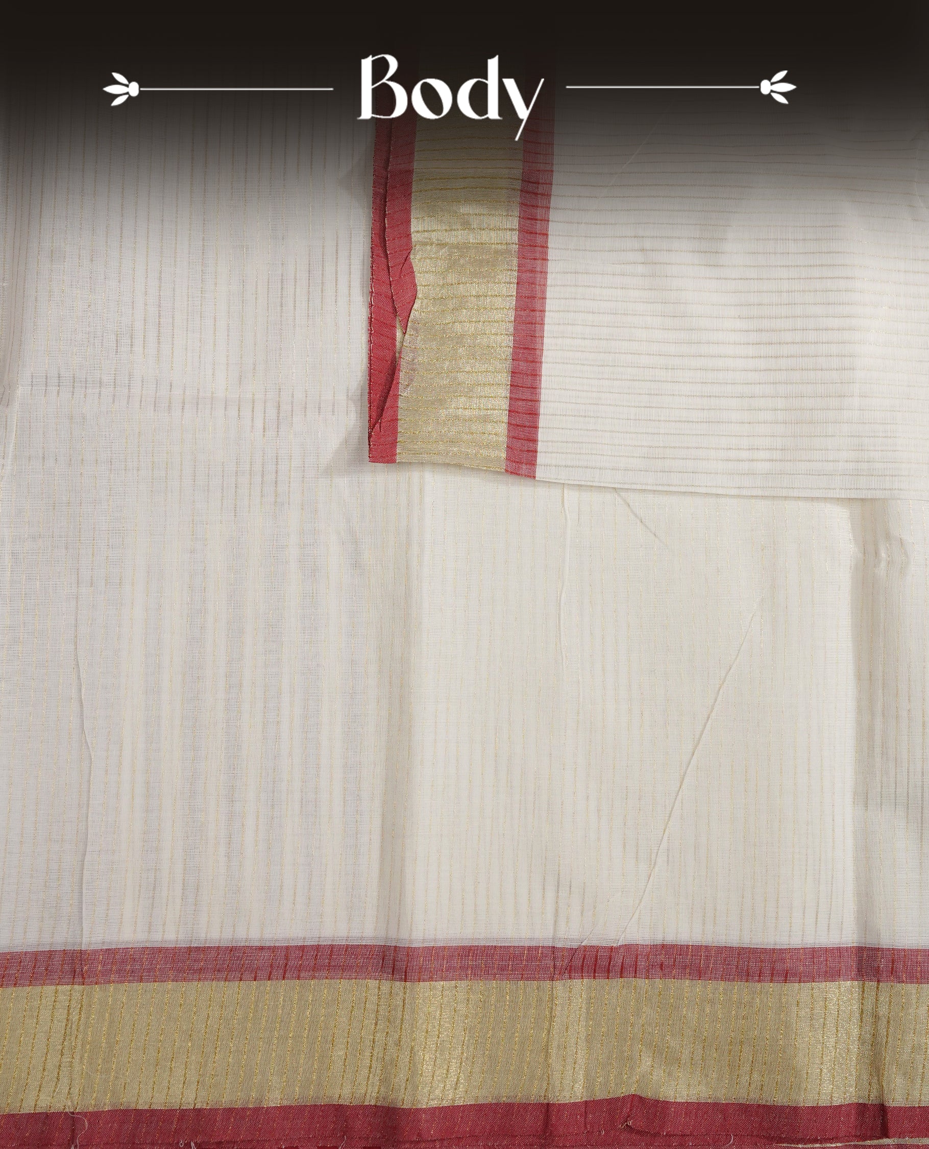 White colour chettinad cotton saree Featuring Gold zari Strips on body, complemented by contrast Maroon colour with zari border, comes with matching blouse piece.