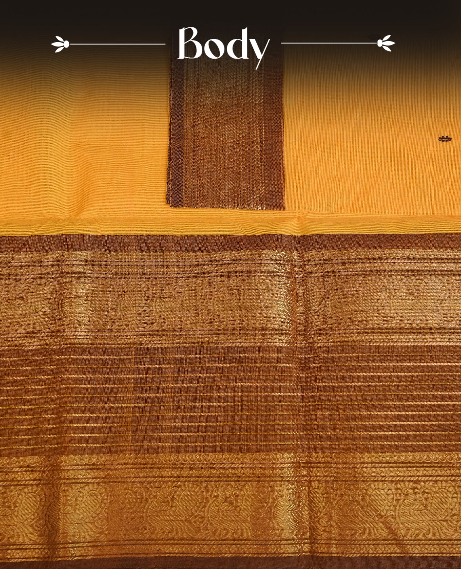Yellow Colour Chettinad Cotton Saree Featuring Elegant plain Body, Complemented by a Olive Border with gold zari strips & Peacock pattern, Paired with a Matching Blouse Piece.