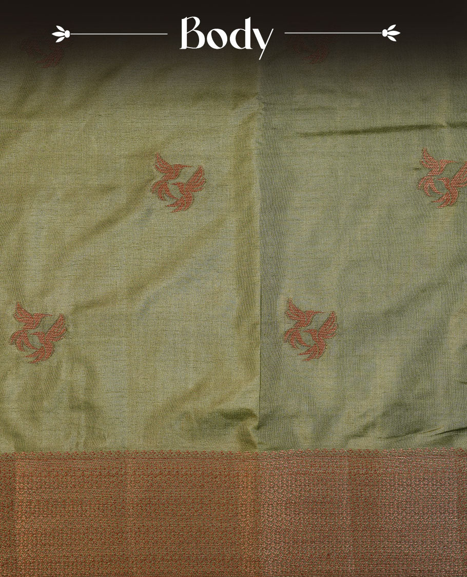 Olive colour semi banaras tussar silk saree highlighting gold zari bird motifs on body, complemented by self colour with antique zari border, paired with matching blouse piece.