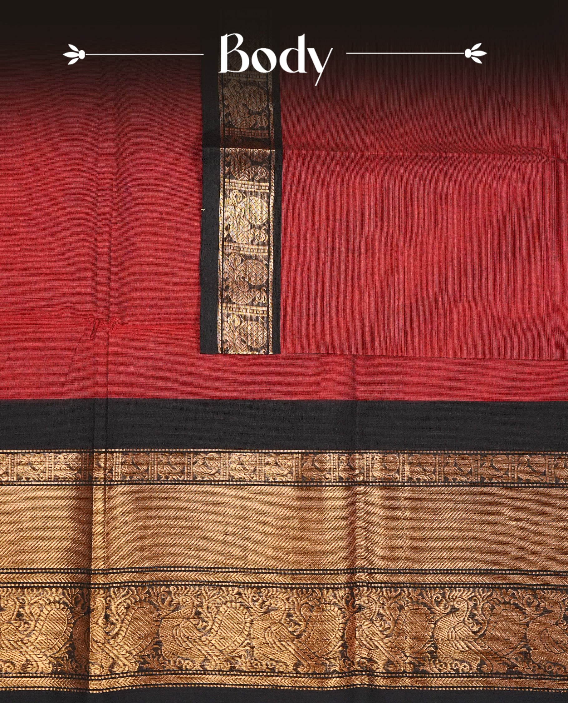 Maroon colour chettinad cotton saree featuring gold zari motifs on body, complemented by contrast black with gold zari border, comes with matching blouse piece.