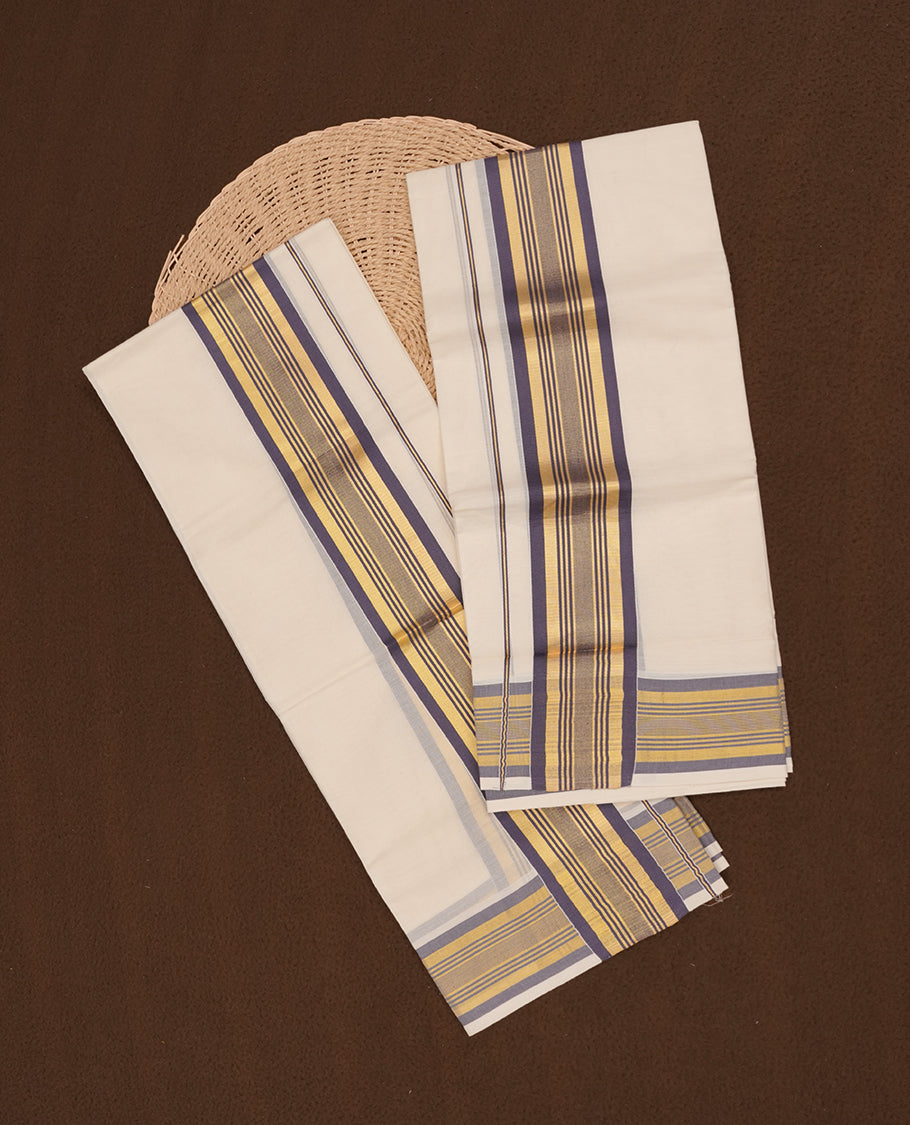 Off white colour cotton set mundu highlights gold and dark blue zari border (2.00/2.80 MTS).