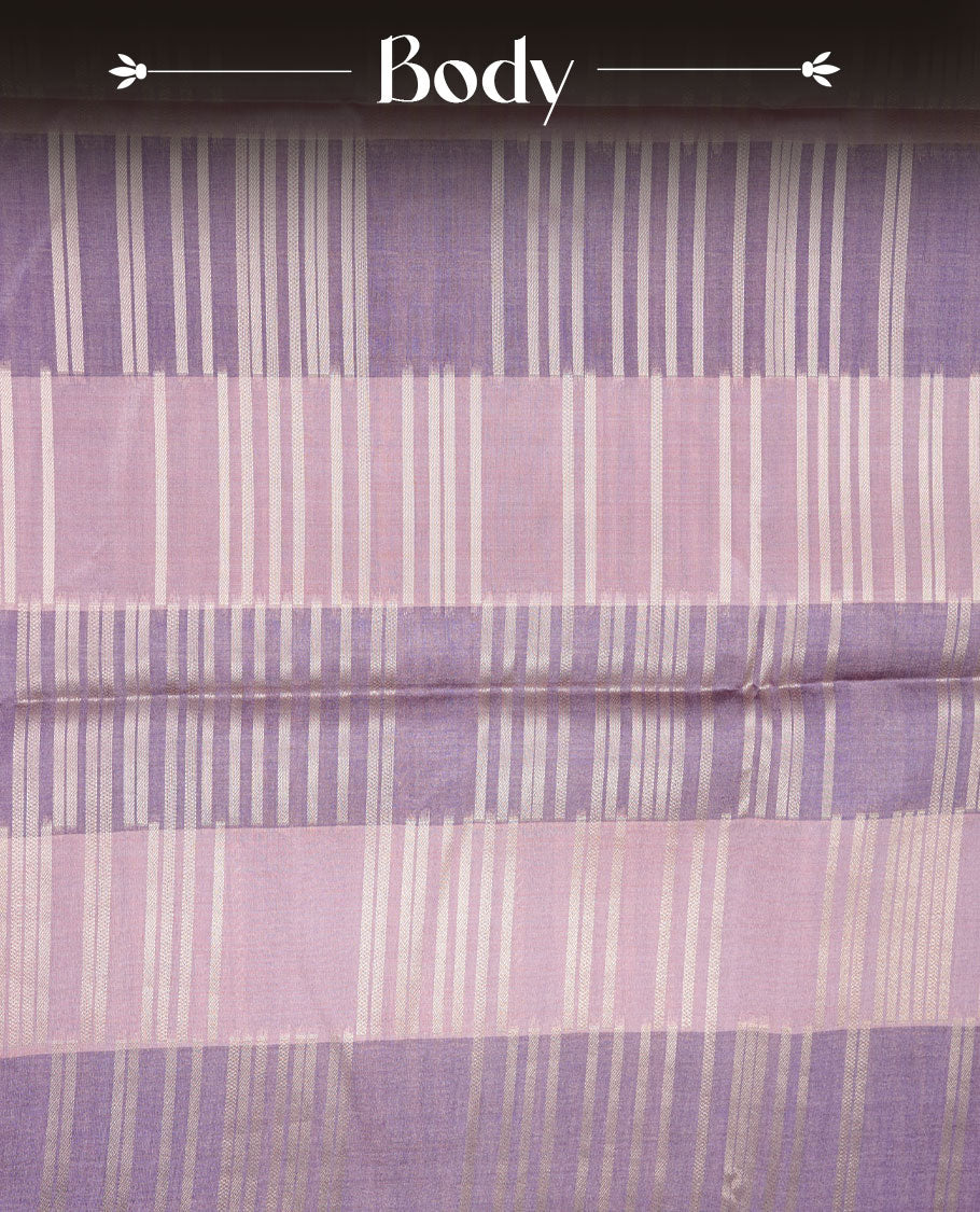 Lavender and pink colour semi tussar silk saree, featuring an intricate gold zari stripes on the body and pallu comes with matching blouse.