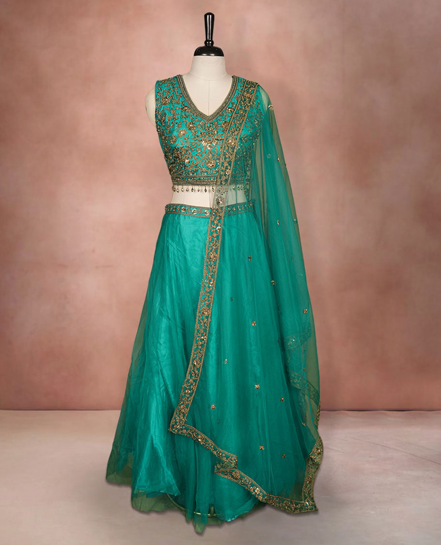 green dress matching dupatta SANA SAFINA Party Wear Dress - Green Dress Ensemble main image 1
