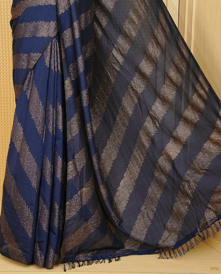 Navy Blue colour Vijitra silk Saree Featuring Leheriya style gold Printed body, complemented by contrast pallu & tassels