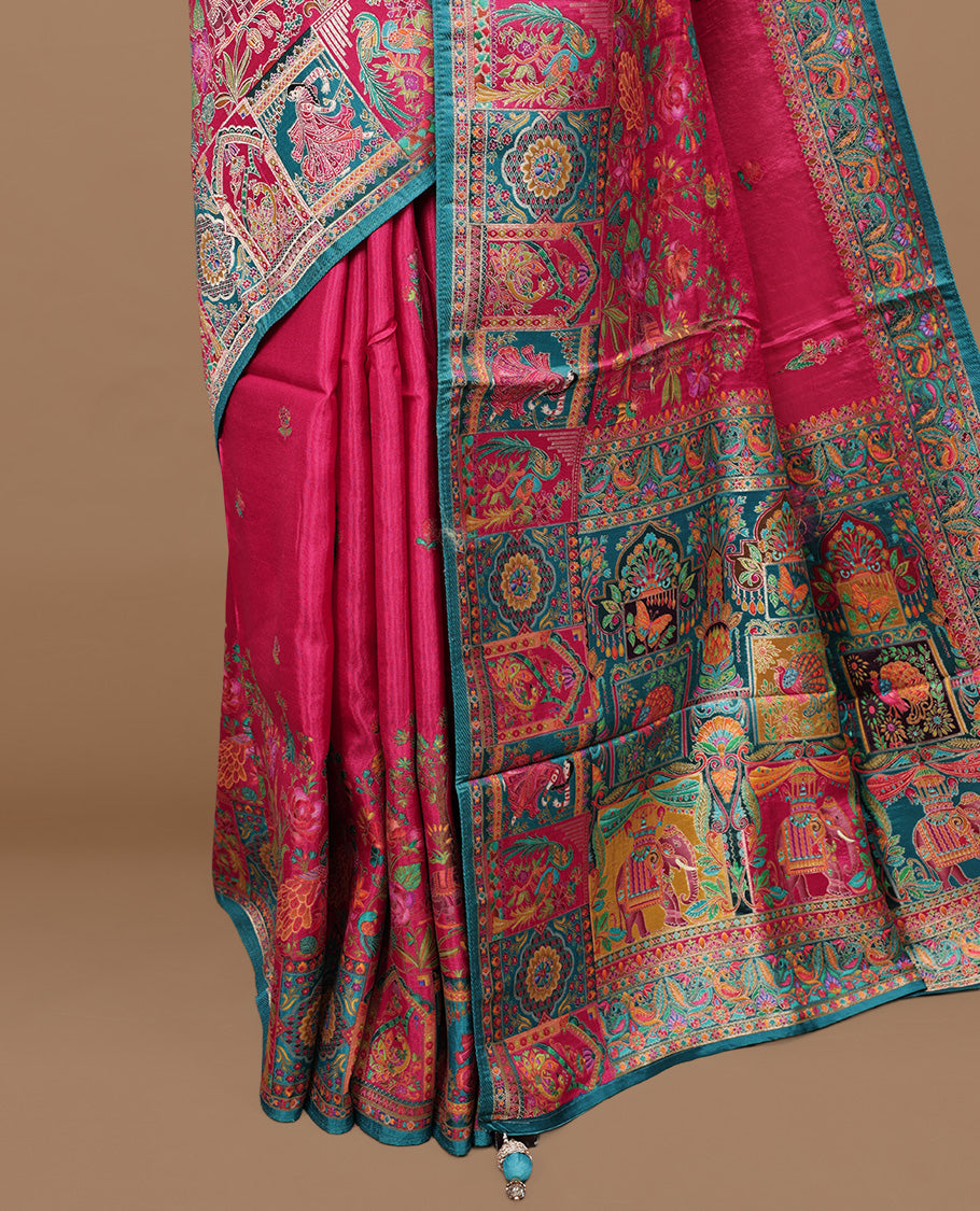 Pink colour Pashmina silk saree features an all over Multi colour with floral kodi motifs body, a self colour with multi colour box with motifs and pallu, and a matching unstitched blouse.
