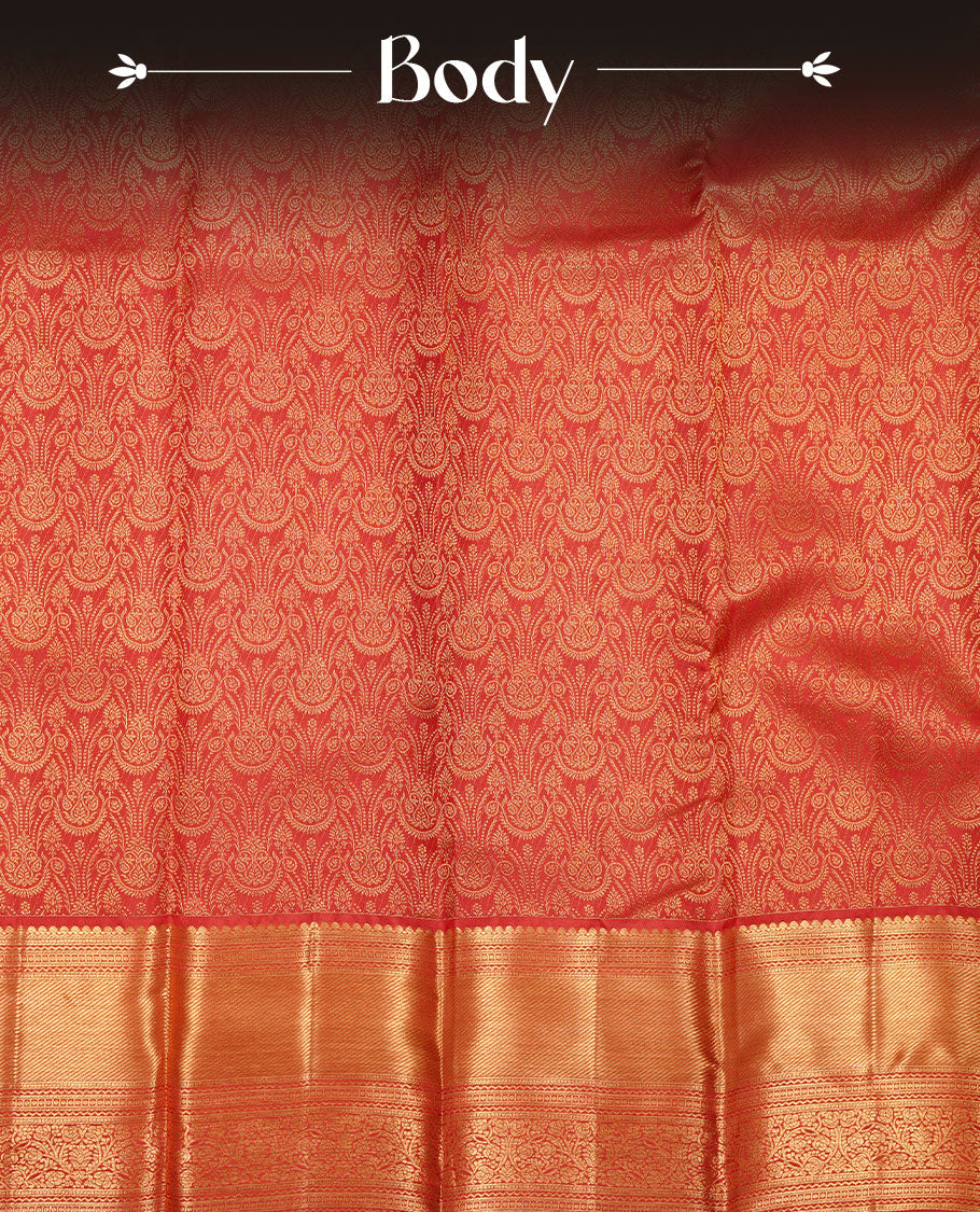 Red colour kancheepuram silk saree featuring gold zari pattern across body, complemented by selfcolour border traditional zari border, paired with matching blouse piece.