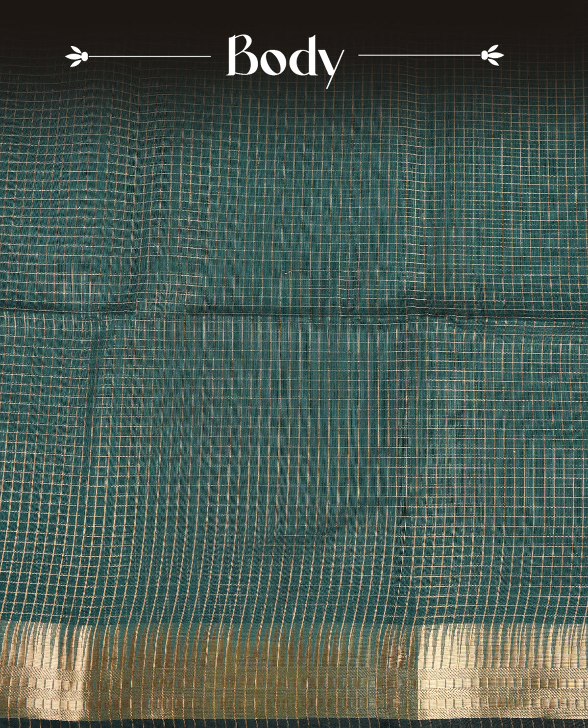 Green colour Maheshwari cotton saree, gold zari small checks on body, complement self colour gold zari temple design border comes with matching blouse.