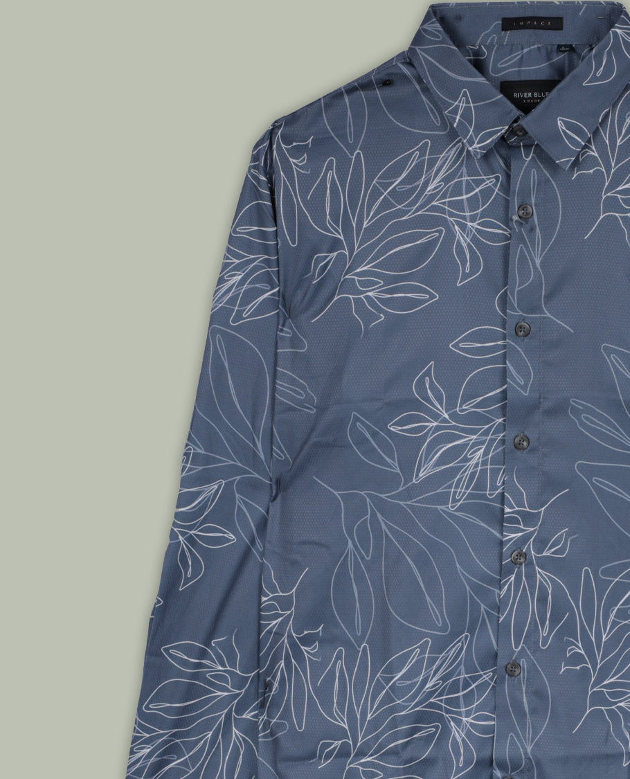 Grey colour shirt adorned with elegant white colour floral prints, Designed with a classic collar and full sleeves, this timeless piece offers a crisp and casual look, perfect for both work and weekend wear.