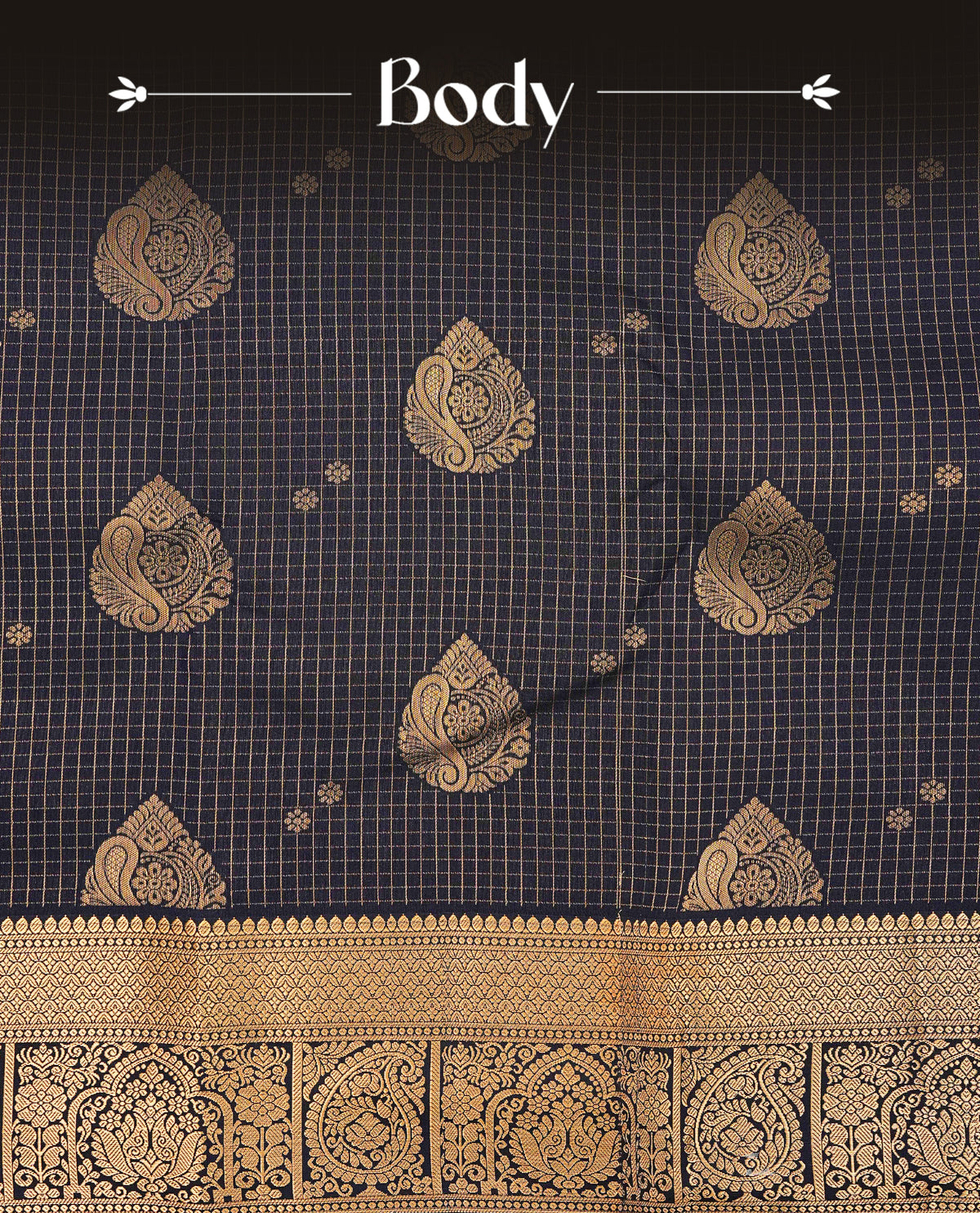 Navy blue colour semi wedding saree featuring gold zari check pattern with motifs on body, complemented by self colour With Traditional border, comes with matching blouse piece.