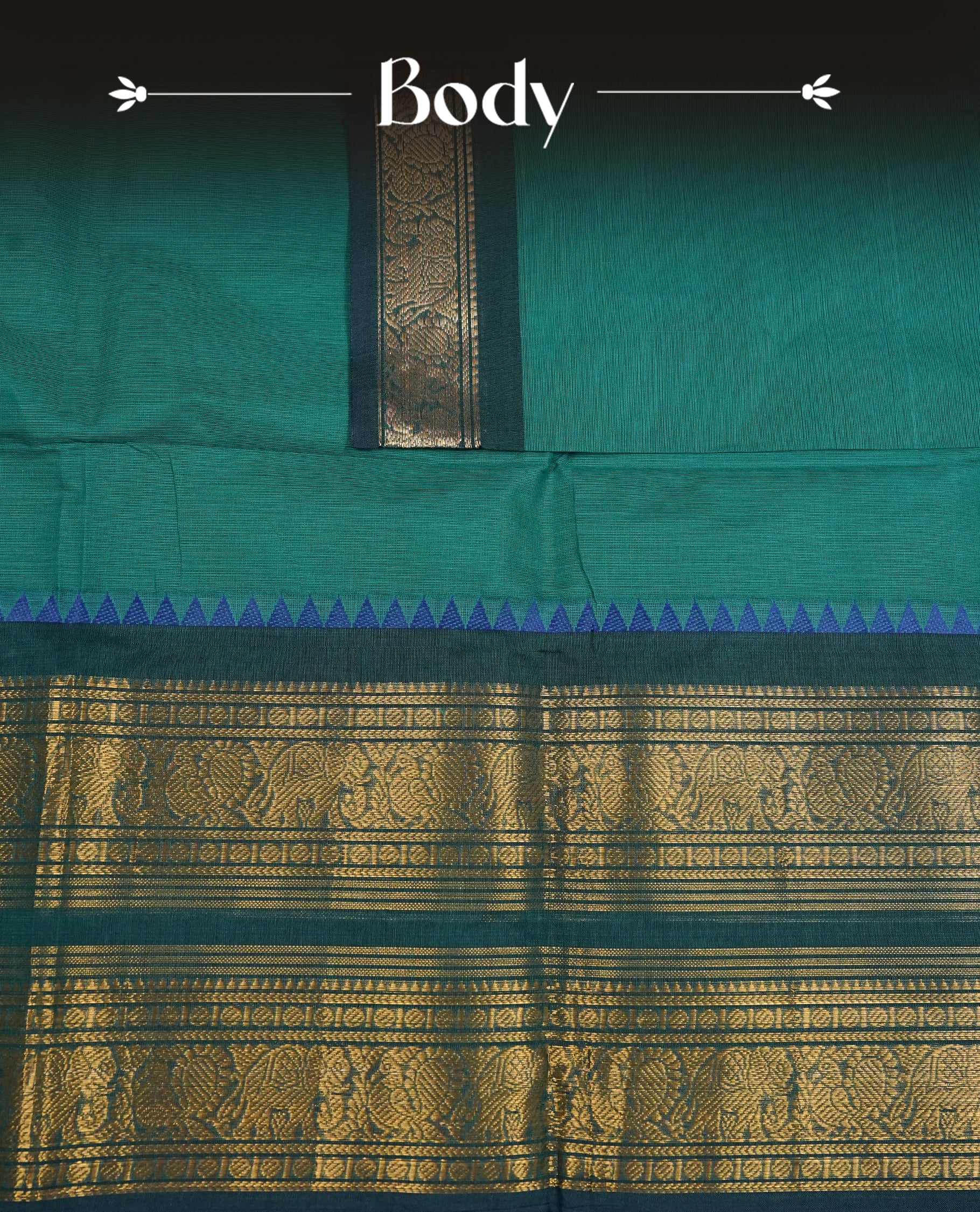 Teal colour chettinad cotton saree featuring Elegant plain body,Contrast Dark green colour with Gold zari border, comes with matching blouse piece.