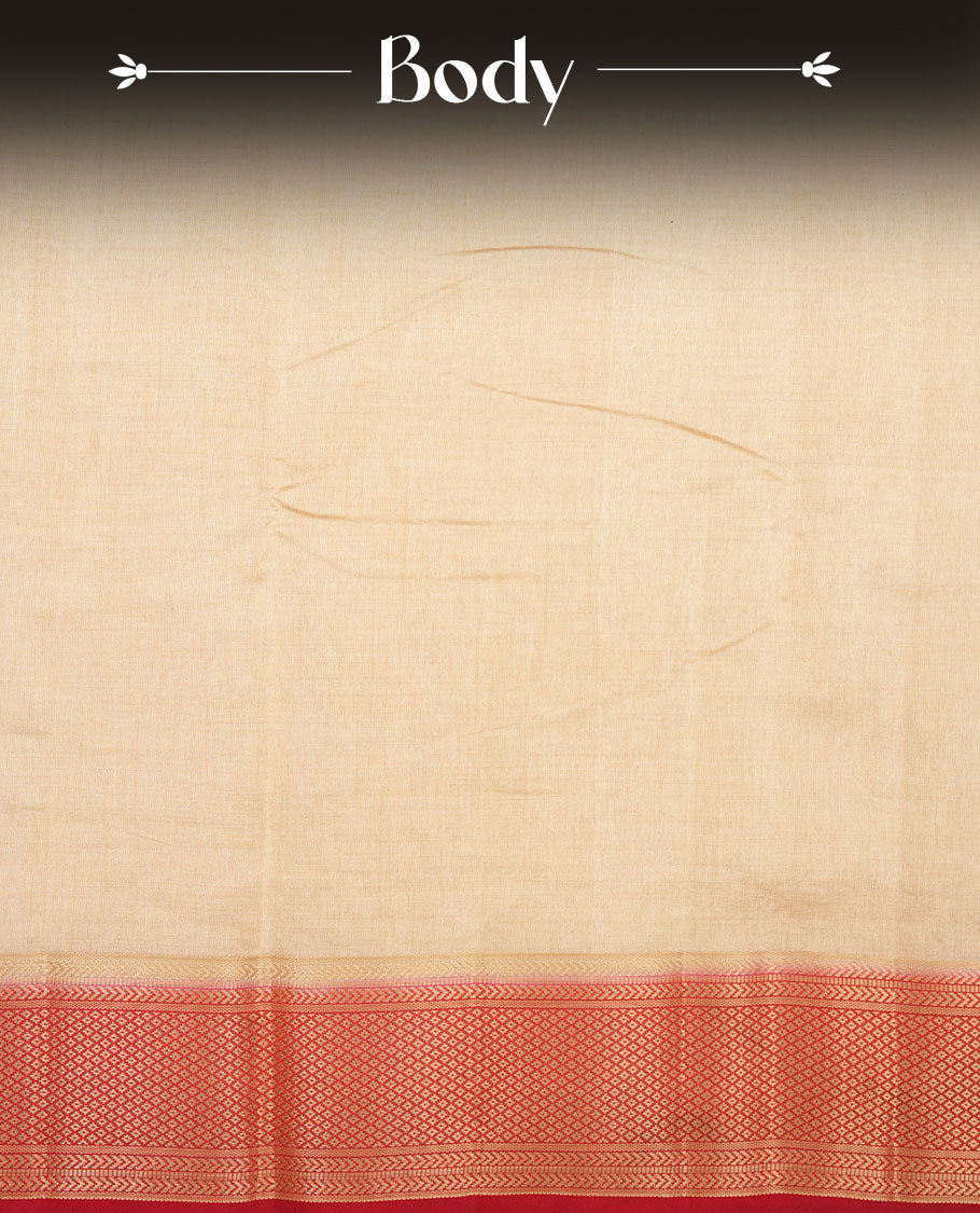 Cream colour tussar silk saree featuring elegant plain body, contrast orange colour border with gold zari, comes with matching blouse piece.