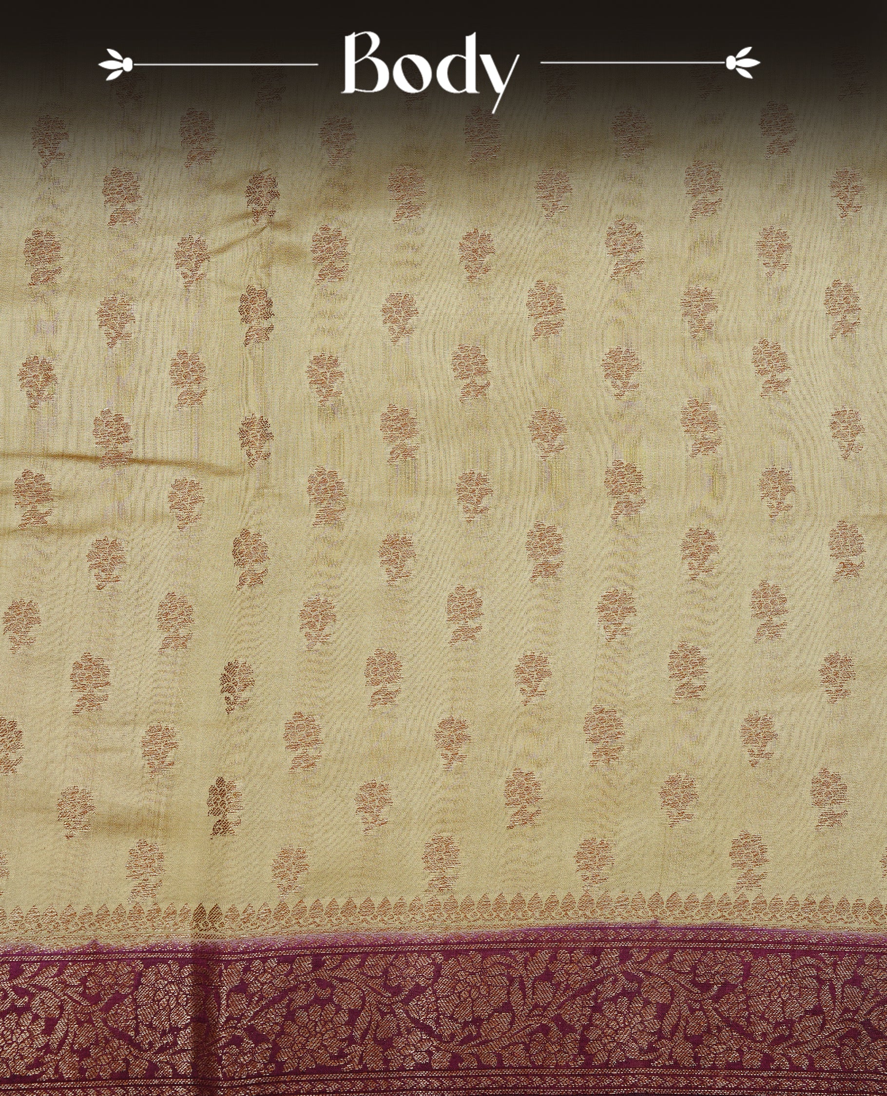 Cream colour pure tussar Banaras silk saree featuring intricate gold zari motifs across the body, enhanced with a contrast Maroon floral kodi zari border for a rich traditional look. Comes with a matching blouse piece.