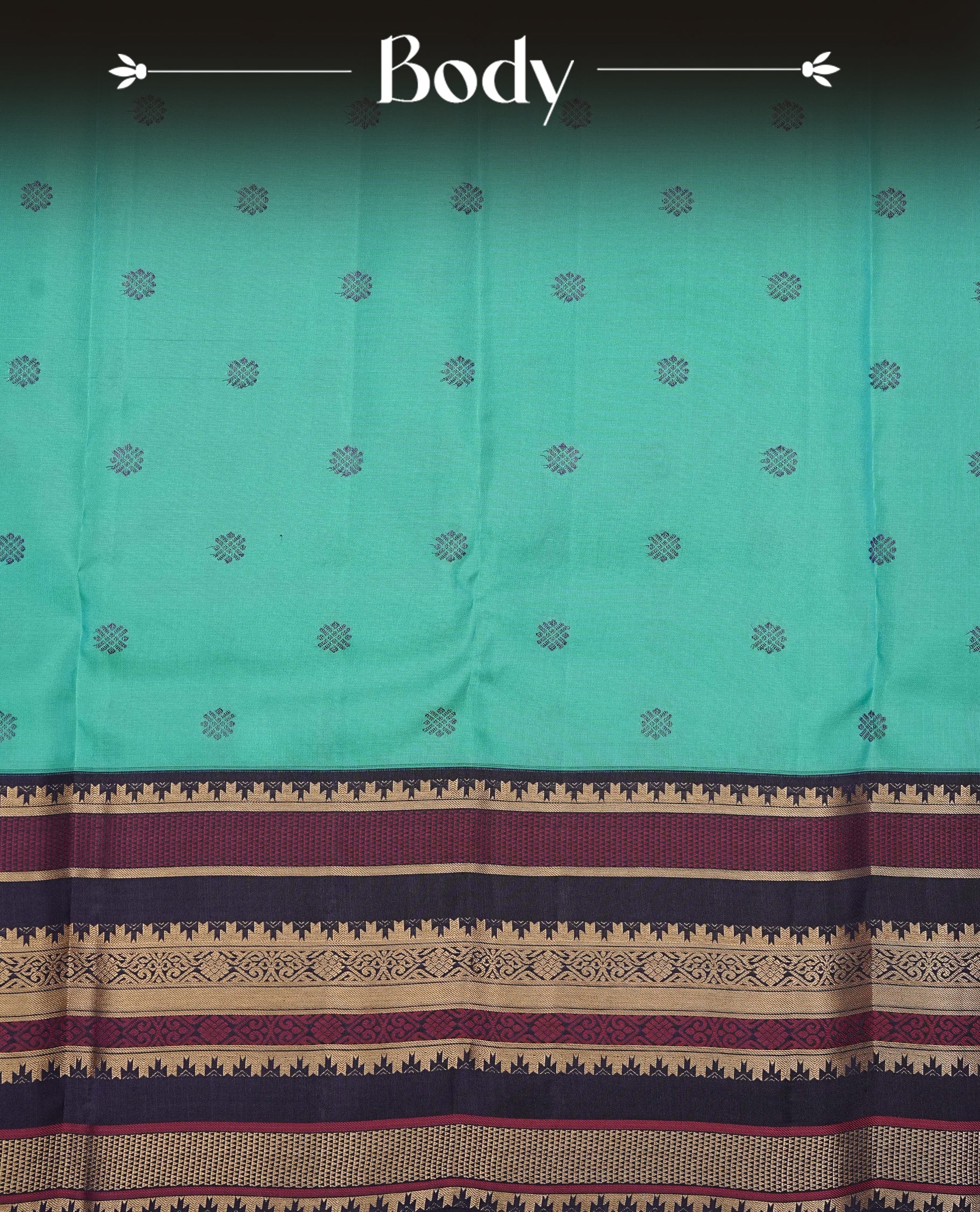 Blue & Green double shade colour Kancheepuram silk saree featuring Motifs on body, complemented by Multicolour with Traditional border, comes with matching blouse piece.