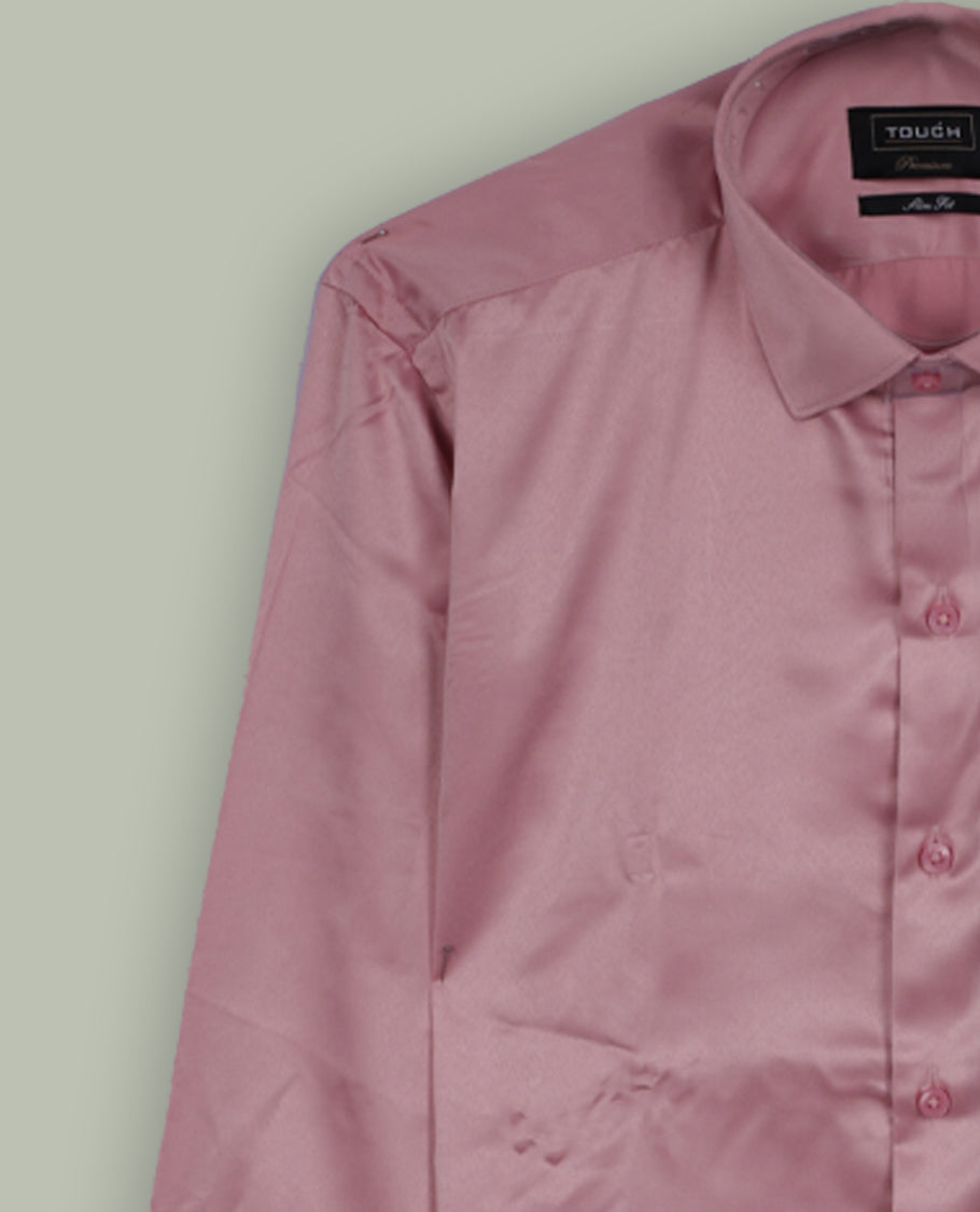 Rich pink colour satin shirt with a glossy finish, featuring a classic collar and full sleeves with broad cuffs, Designed with a front pocket and button-down style, adding a refined touch to formal or party looks.