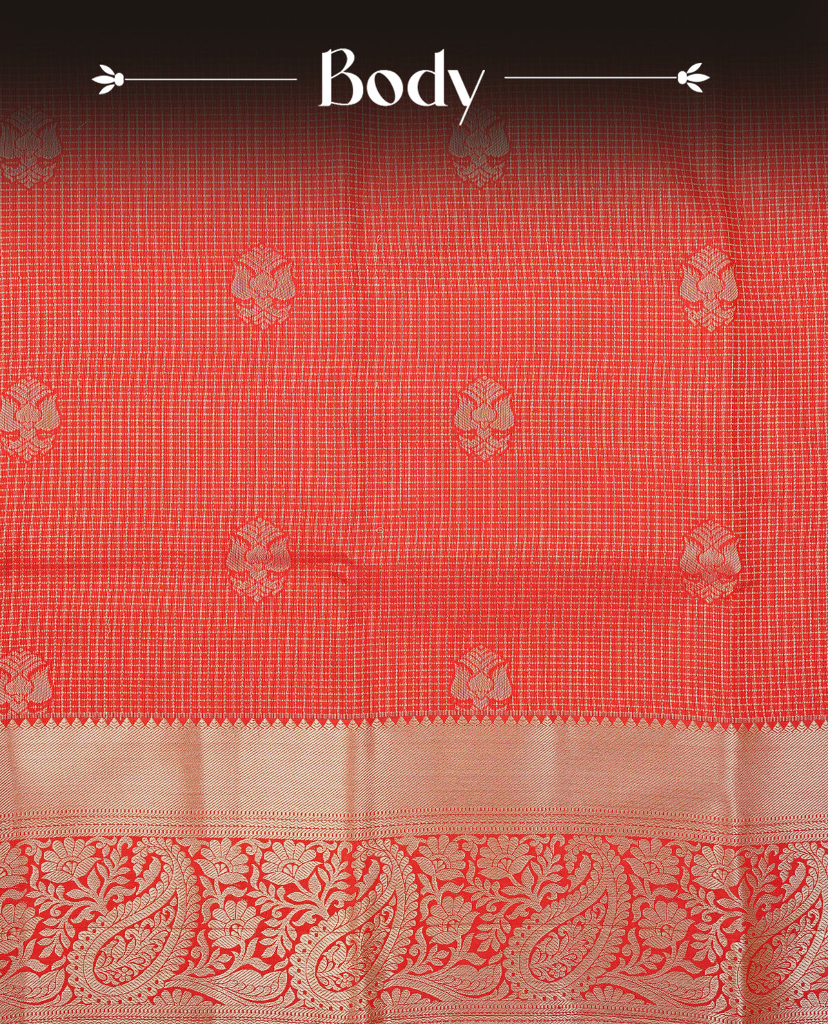 Red colour semi wedding saree featuring gold zari check with motifs on body complemented by self colour with traditional border, comes with matching blouse piece.