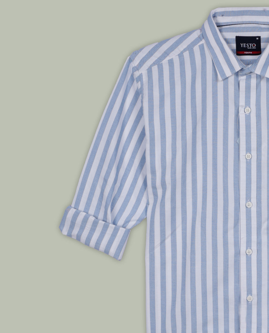 White and blue colour striped shirt in soft cotton, featuring vertical lines for a sleek, timeless look, Designed with a classic collar and full sleeves, it blends effortless style with everyday comfort.
