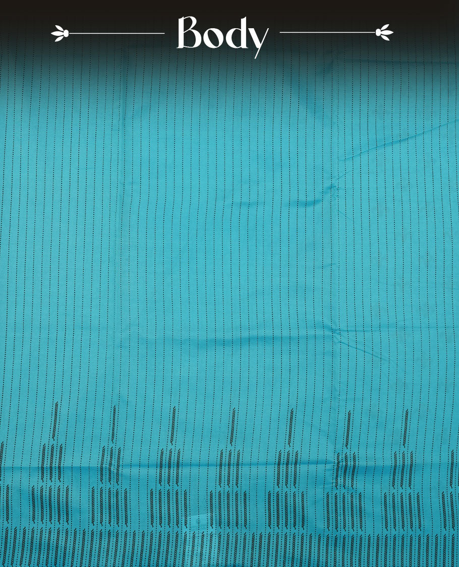 Teal blue colour poly cotton saree with black vertical dotted line pattern on the body, paired with a matching pallu featuring black zigzag geometric border, and a coordinated all‑over black stylised fleur‑de‑lis printed blouse piece.