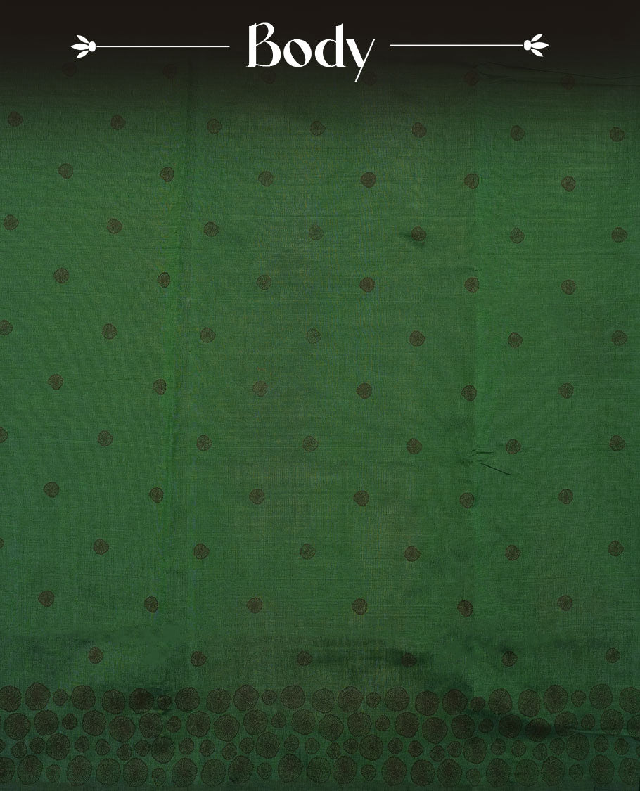 Dark green colour poly cotton saree with black abstract butti motifs on the body, paired with a matching pallu with dense black textured round butta pattern, and a coordinated all‑over textured round butta printed blouse piece.