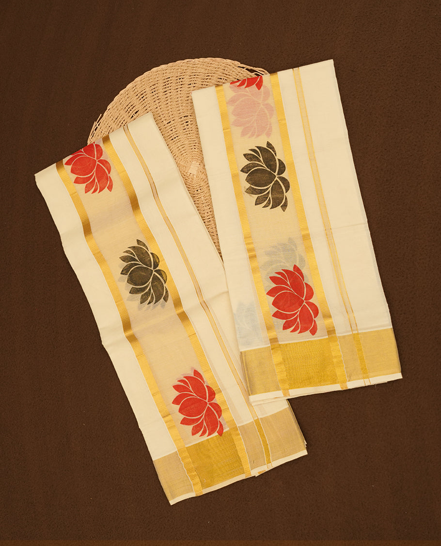 Off white colour cotton set mundu highlights gold zari border featuring black and red lotus print across border (2.00/2.80 MTS).