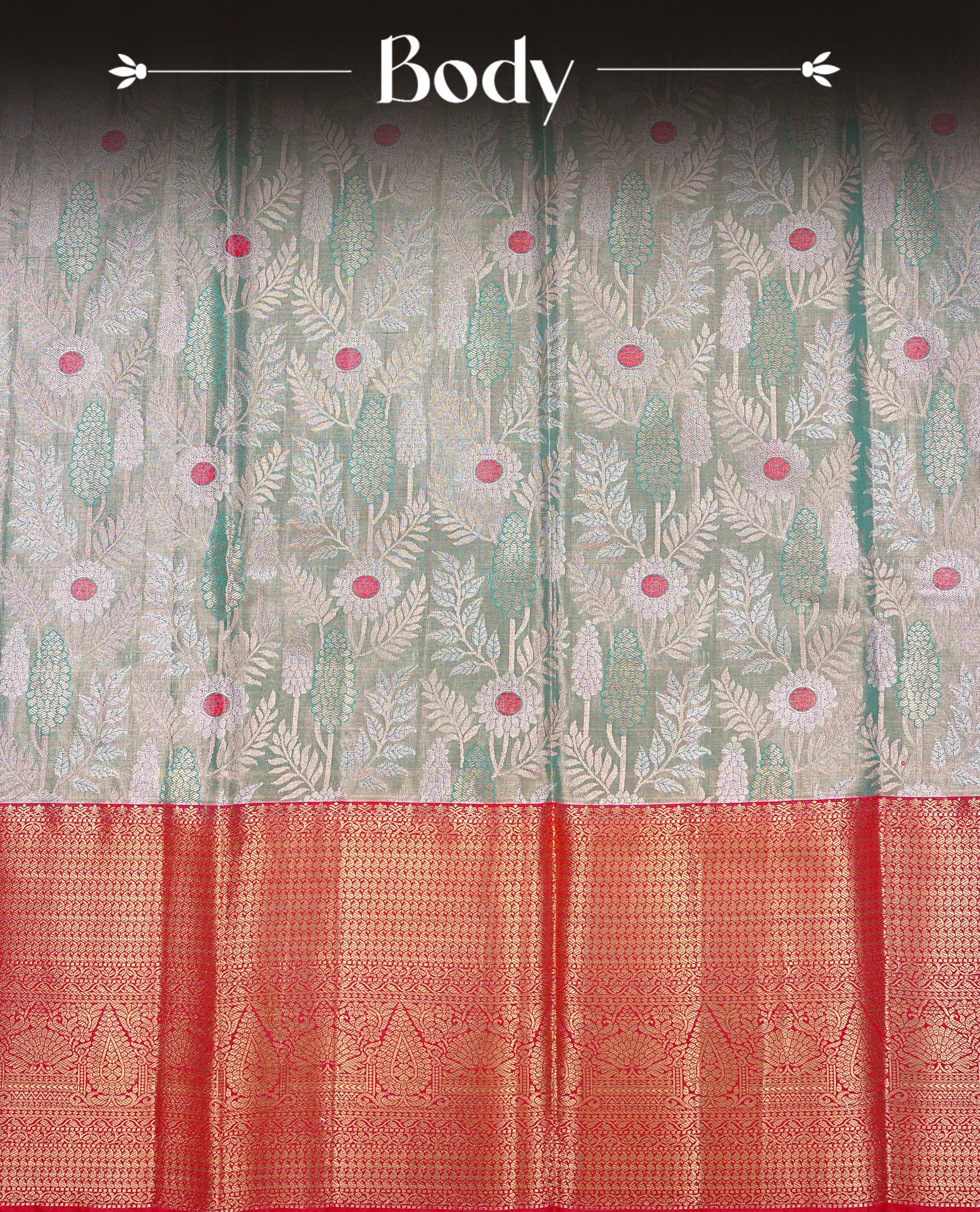 Light Green & gold colour Double shade Semi tissue silk saree featuring gold & silver floral pattern on body, Contrast Red colour with traditional border, paired with matching.