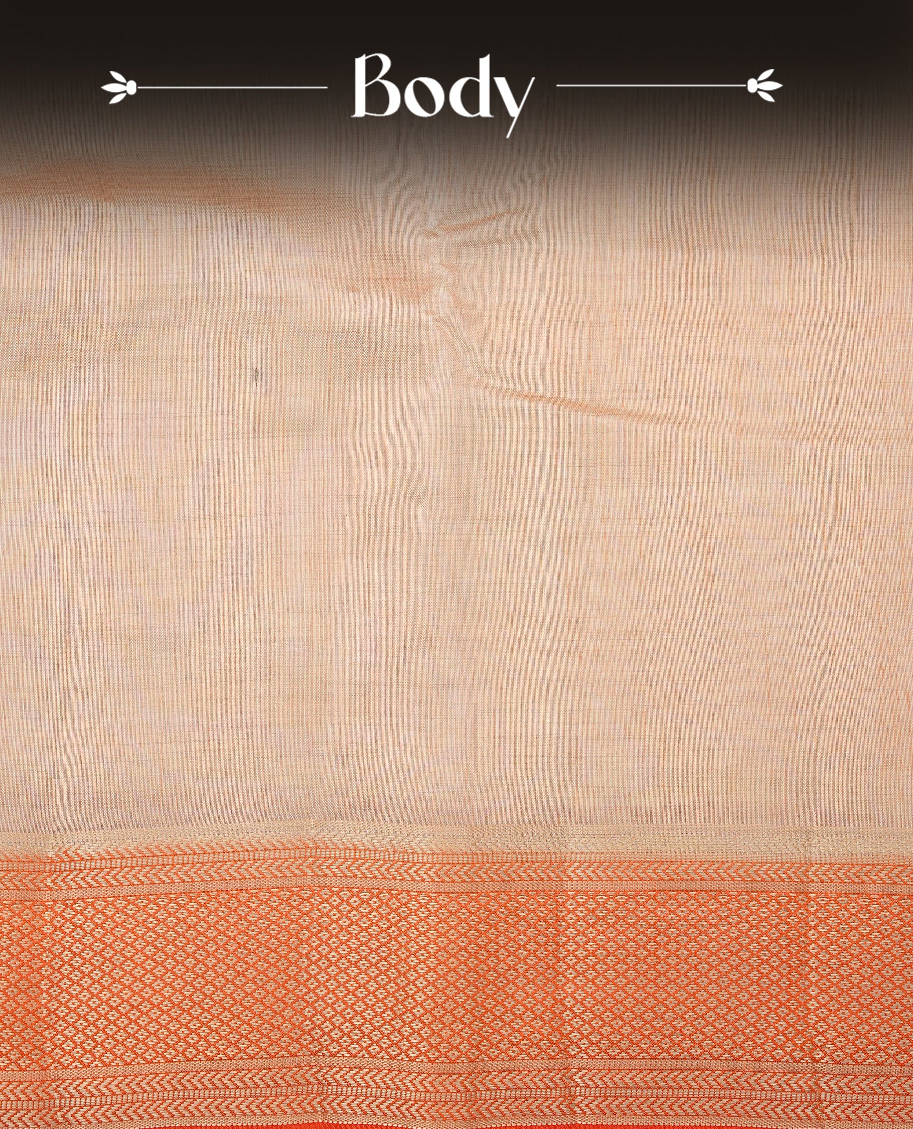 Light Gold Tussar saree featuring Gold zari buttas on body, complemented by contrast Orange Colour with Gold zari border, comes with matching blouse piece.