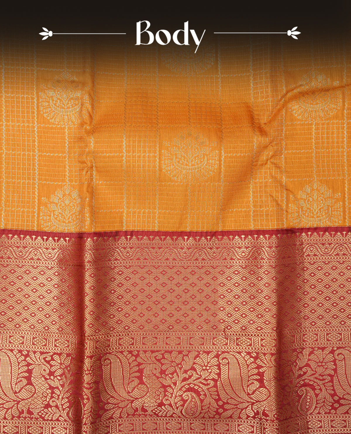 Mustard yellow colour semi wedding silk saree featuring gold zari checks with motifs on body, contrast maroon colour with peacock traditional border on body, rich pallu comes with matching blouse piece